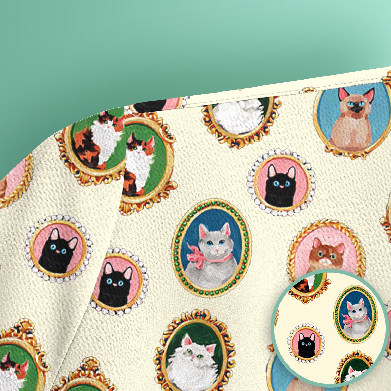 Vintage Cat Portrait Pattern Scrub Top, Breathable Medical Uniform Top