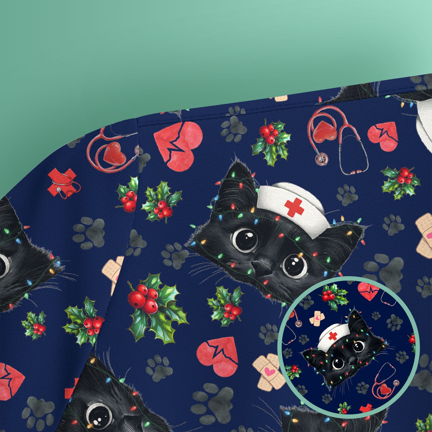 Funny Cats Scrub Top for Nurses - Black Kittens Christmas Medical Uniform - Jolly Holiday Gift for RN CNA LPN