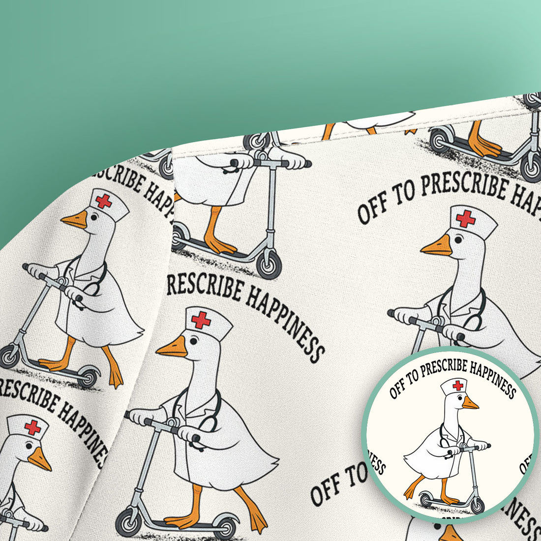 Nurse Goose Scooter Print Scrub Top, Breathable Fabrics Nursing Uniform