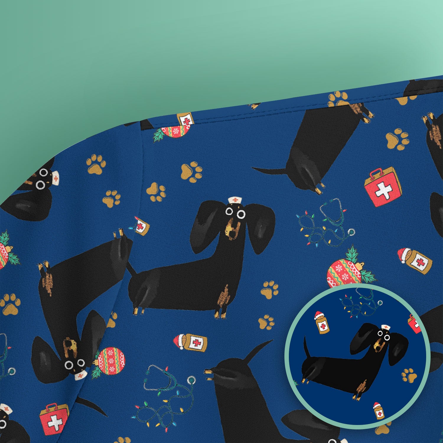 Funny Wiener Dog Scrub Top for Nurses - Cute Black Dachshund Medical Shirt - Dog Lover Nursing Uniform Gift for Women