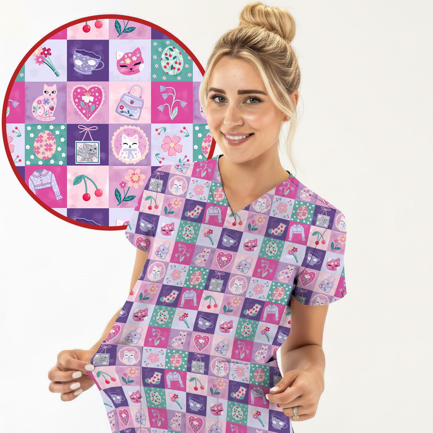 Pastel Cat Patchwork Scrub Top, Kawaii Floral Nursing Uniform