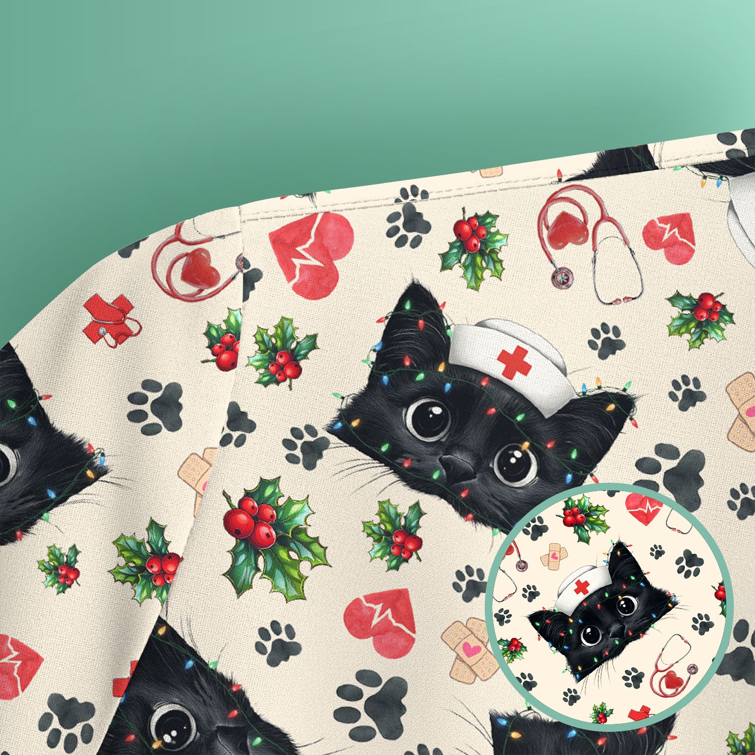 Black Cat Scrub Top for Nurse - Cute Kittens Christmas Medical Uniform - Funny Holiday Gift for Women