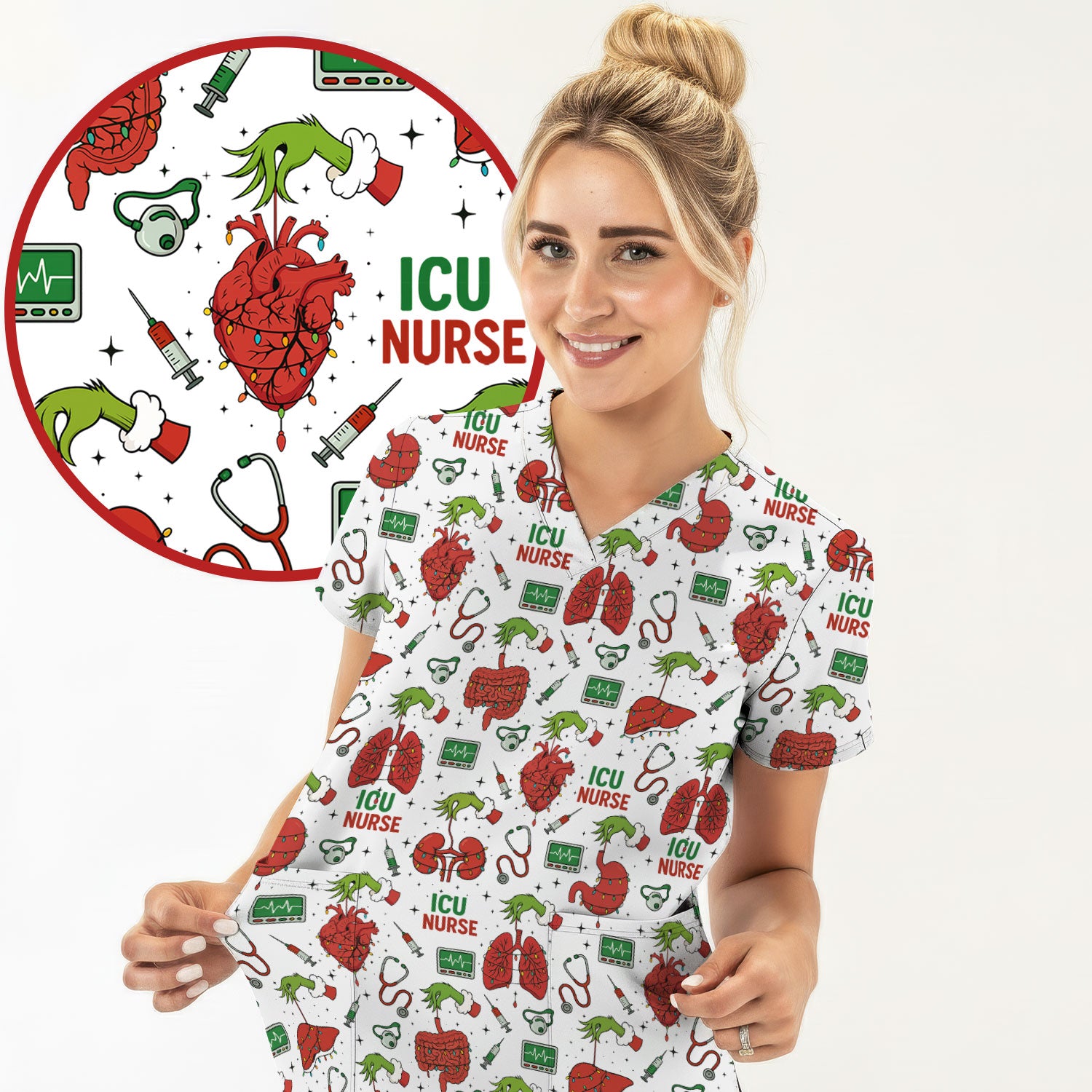 Christmas ICU Nurse Scrub Top - Funny Heart Anatomy Pattern - Holiday Nursing Shirt Gift for RN LPN CNA