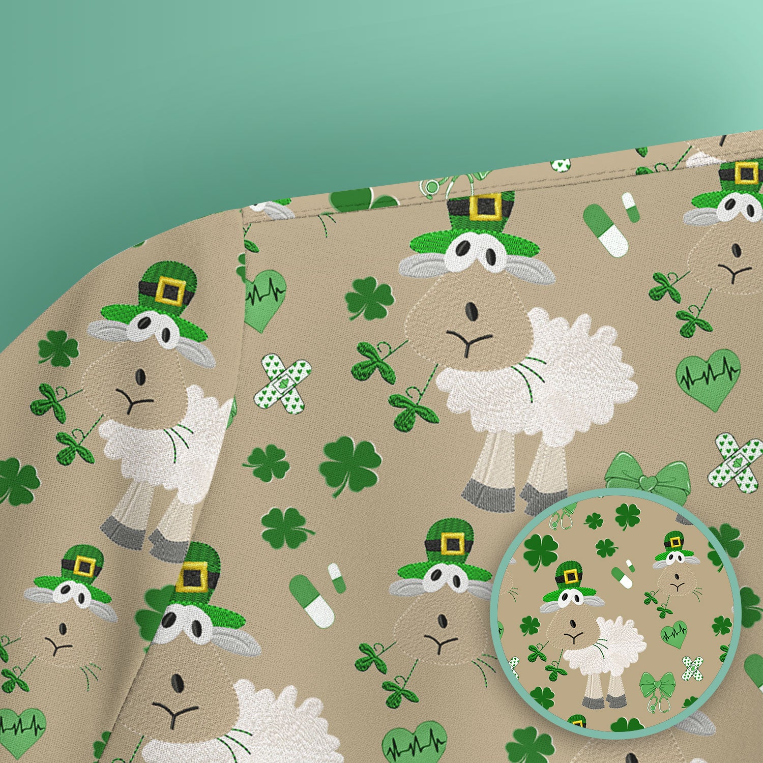 Nurse St. Patrick Scrubs Top, Cute Sheep Shamrock Pattern Nurse Shirt, Breathable Fabrics Nursing Uniform