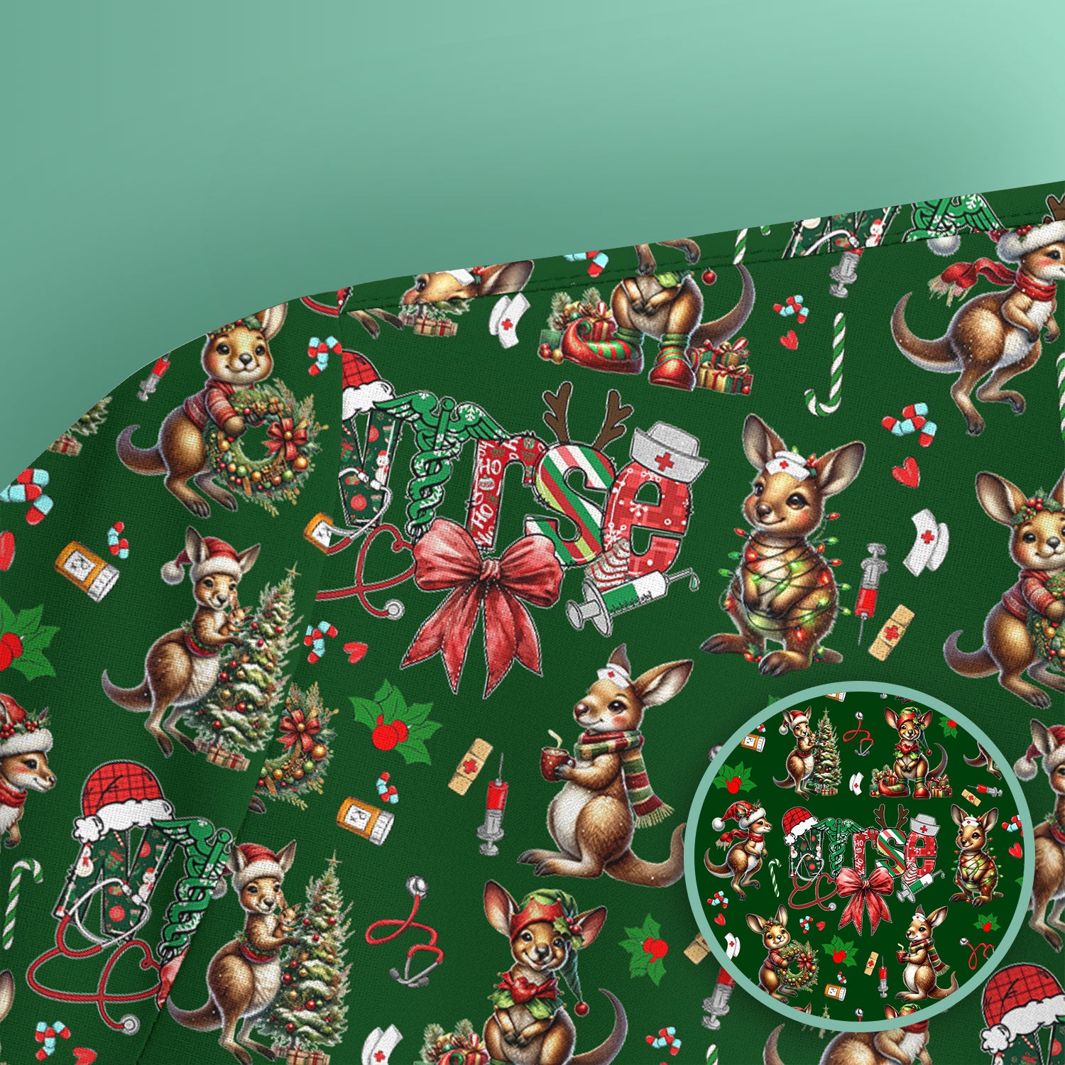 Whimsical Kangaroo Christmas Scrub Top – Festive Australian Animals Holiday Pattern – Cute Medical Uniform for Nurses, Vets & Healthcare Workers