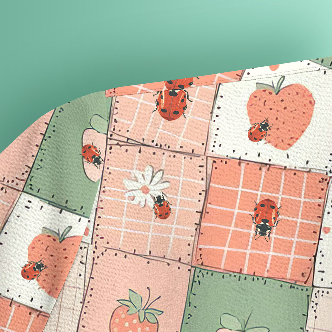 Strawberry Ladybug Patchwork Pattern Scrub Top, Comfortable Scrubs For Nurses