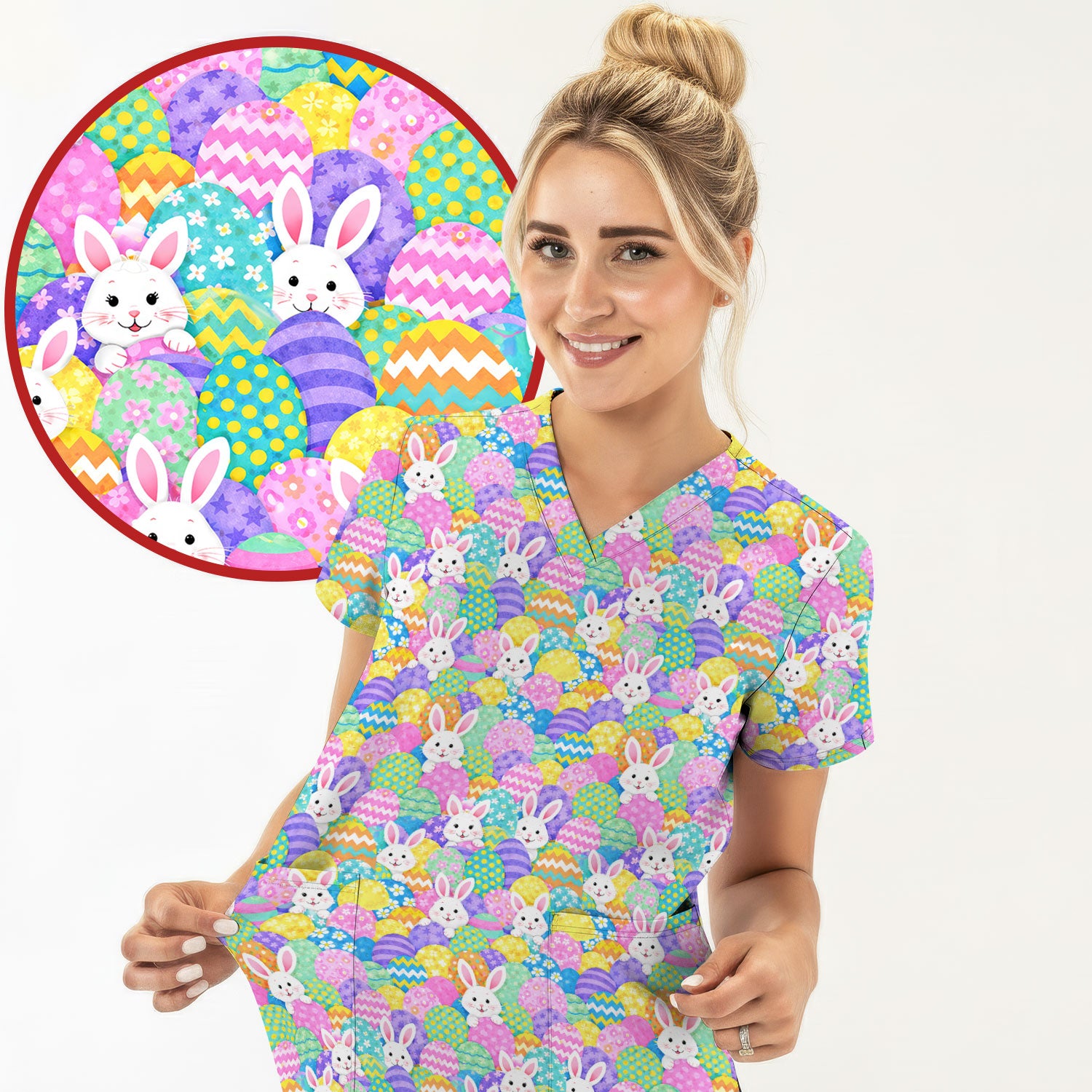 Easter Bunny Colorful Egg Pattern Print Scrub Top, Comfortable Scrubs for Nurses