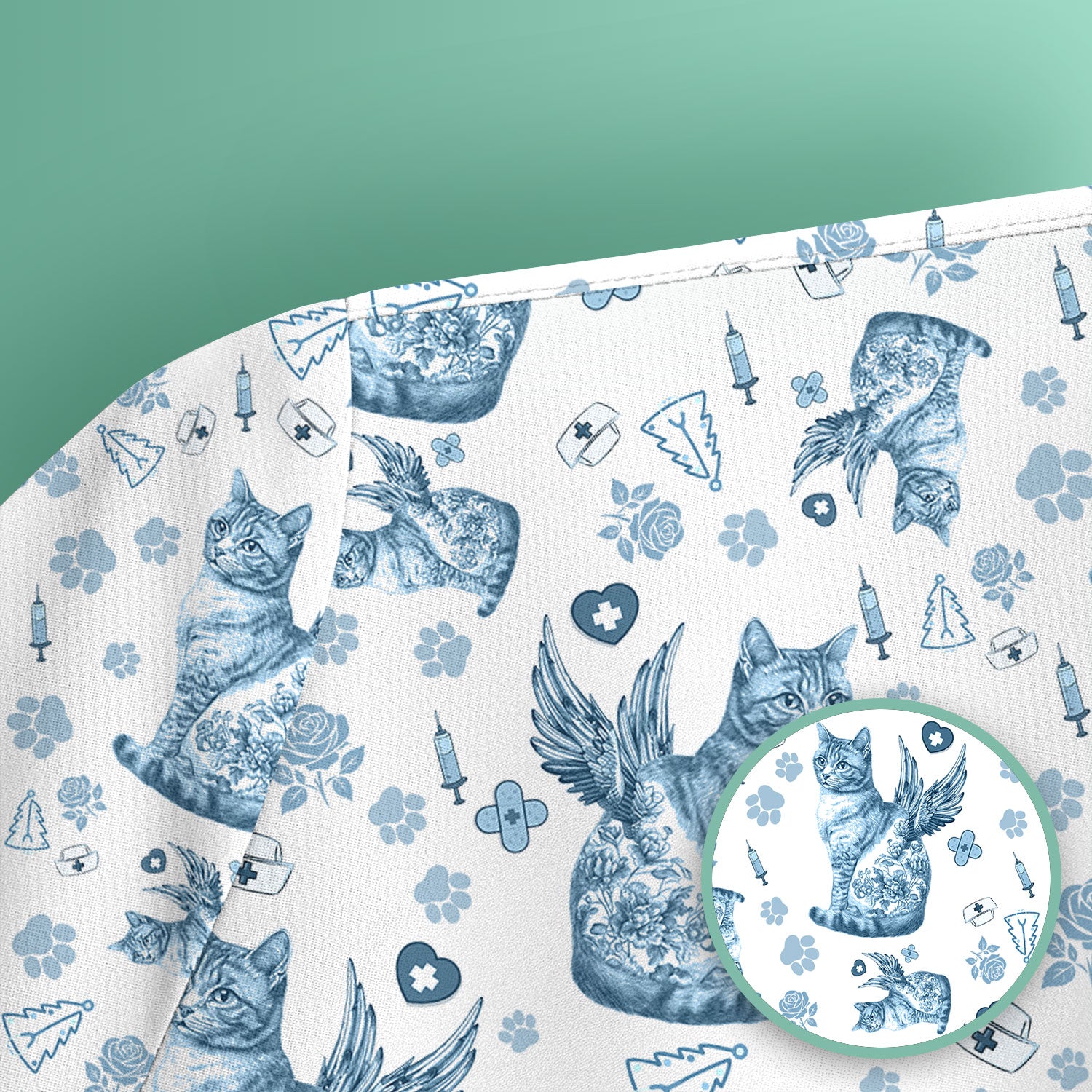Toile de Jouy Cat Angel Scrub Top - Blue Vintage Nurse Shirt - French Style Medical Uniform for Women RN LPN CNA Gift