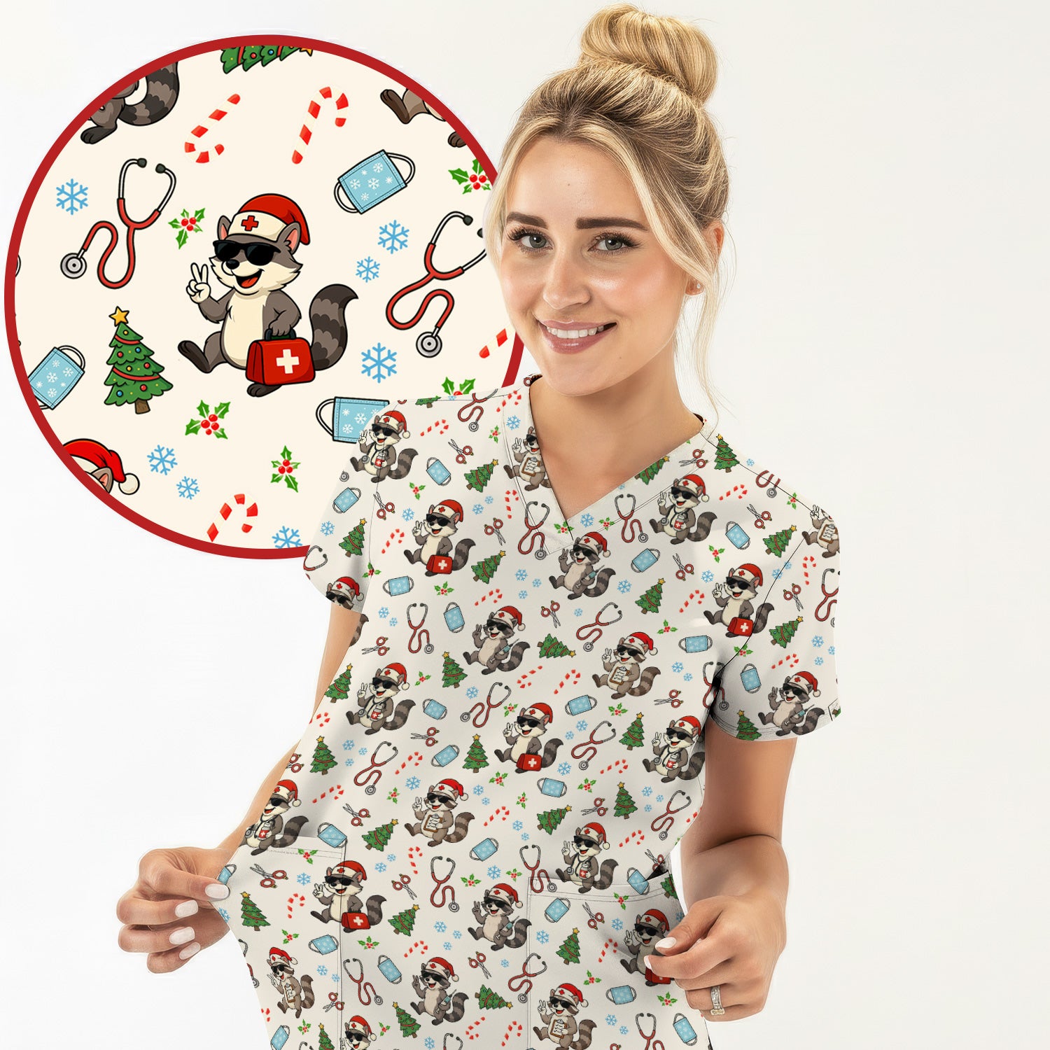 Christmas Scrub Top for Nurses - Funny Raccoon and Medical Tools Pattern - Festive Holiday Nurse Scrubs Shirt Gift for Women RN LPN CNA