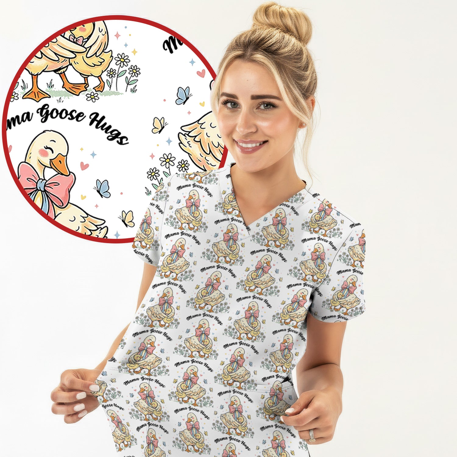 Cute Mama Goose Hug Pattern Scrub Top, Comfortable Scrubs For Nurses
