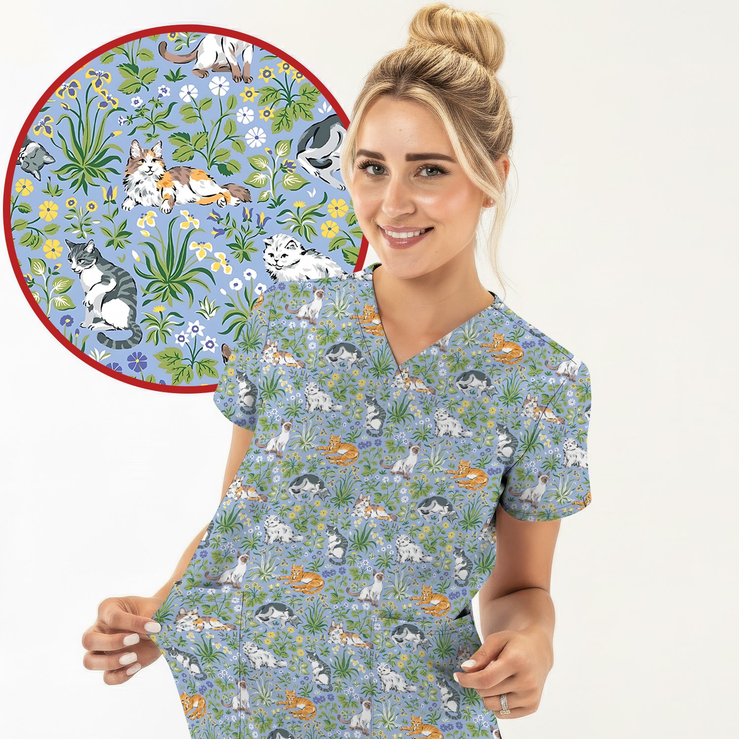 Cute Floral Cat Garden Pattern Scrub Top, Comfortable Scrubs for Nurses