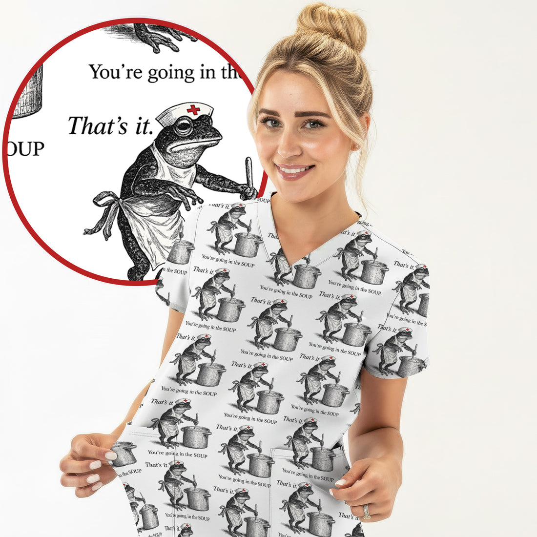 Funny Nurse Frog Cooking Soup Vintage Pattern Scrub Top, Comfortable Scrubs for Nurses