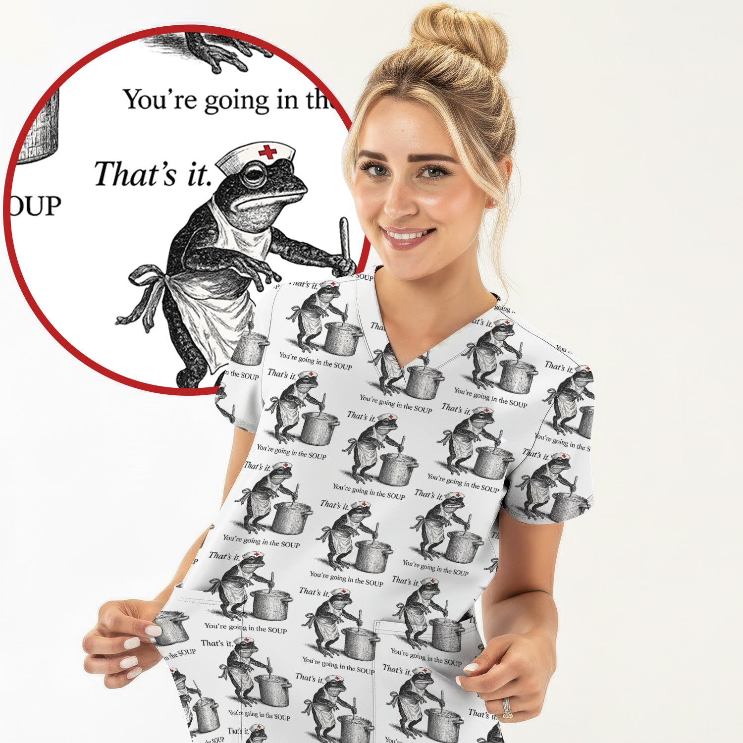 Funny Nurse Frog Cooking Soup Vintage Pattern Scrub Top, Comfortable Scrubs for Nurses