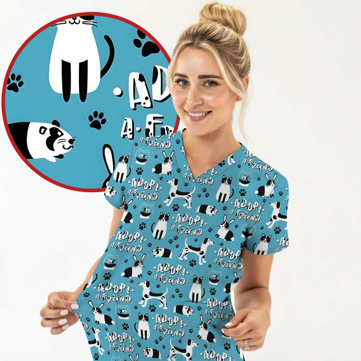 Cute Adopt A Friend Pet Pattern Scrub Top, Comfortable Scrubs for Nurses
