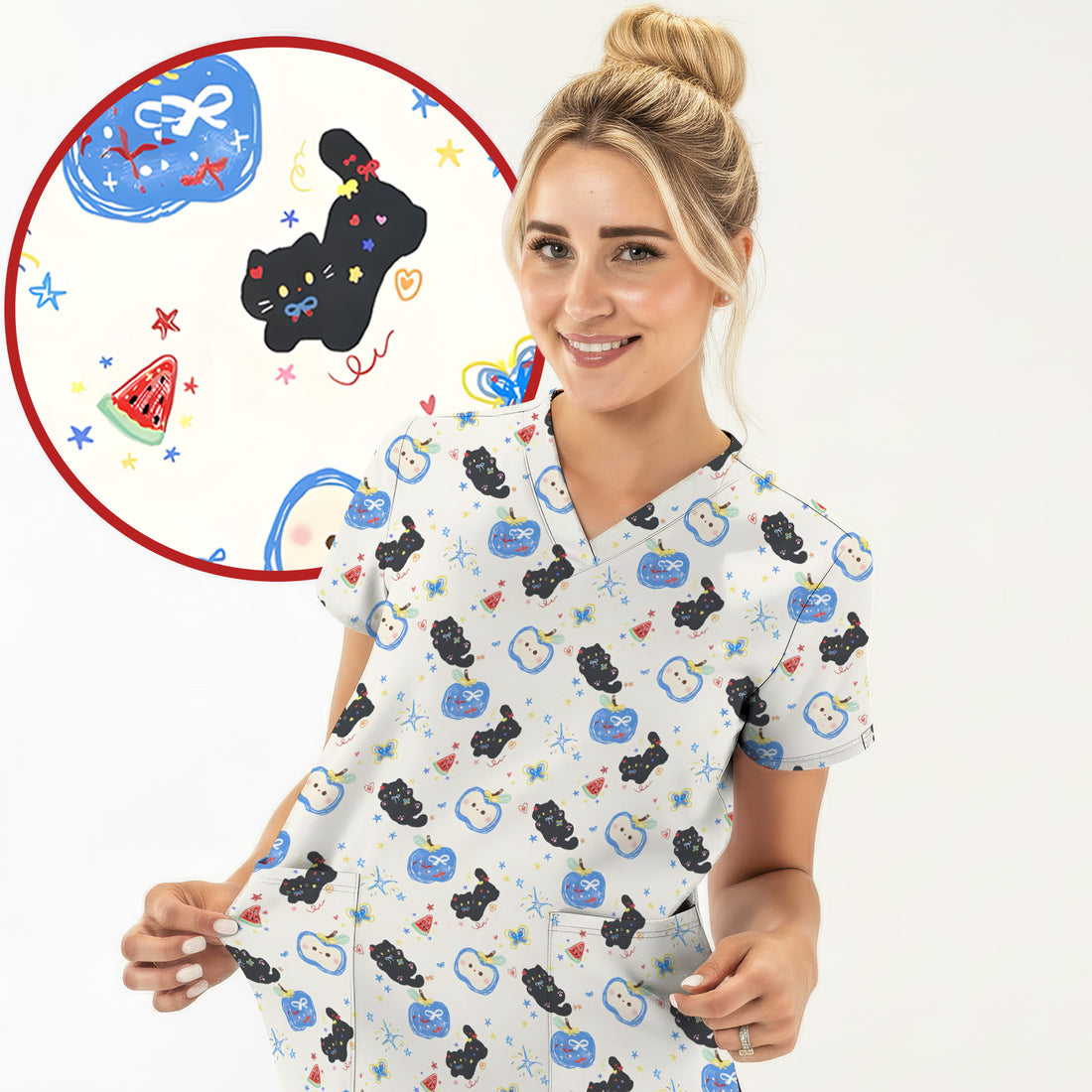 Cute Black Cat and Apple Print V Neck Scrub Top for Nurses