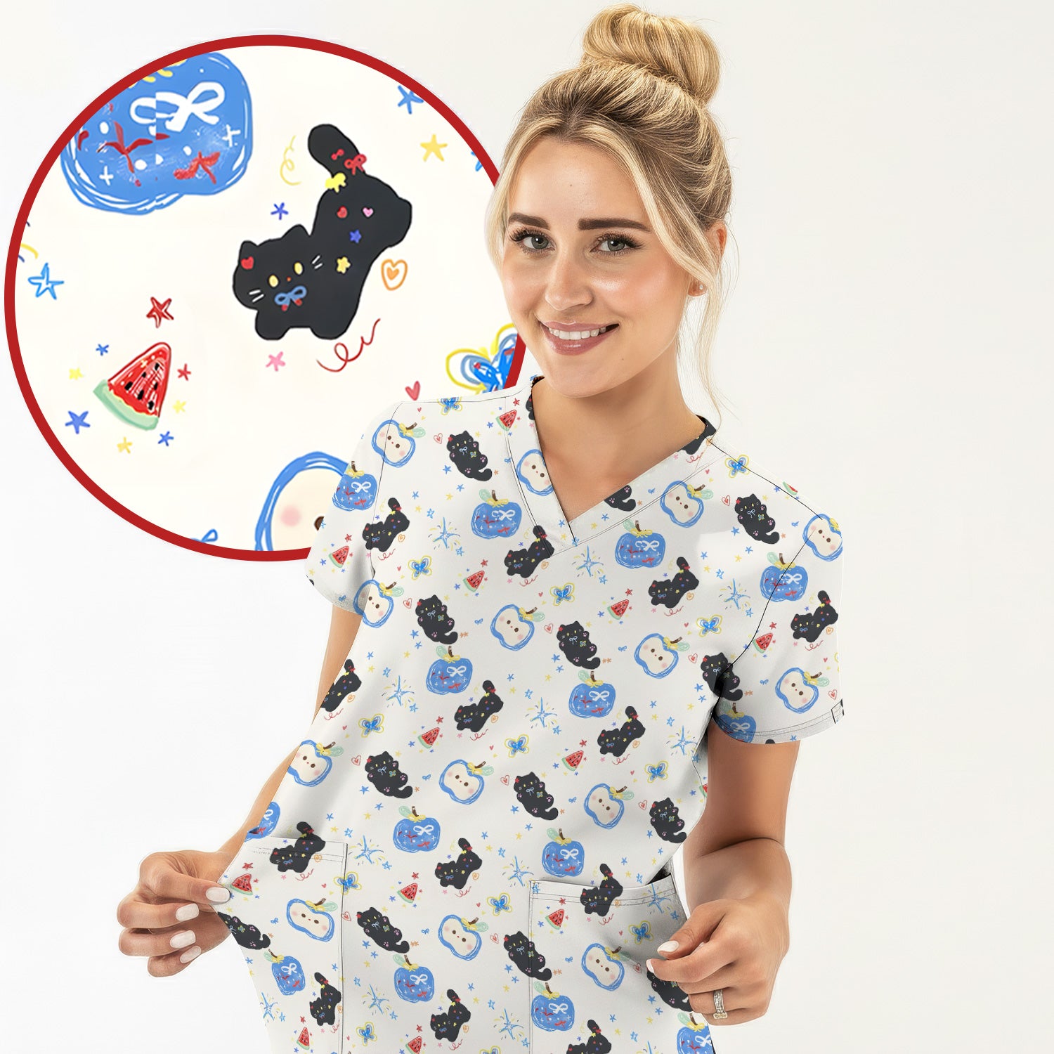 Cute Black Cat and Apple Print V Neck Scrub Top for Nurses
