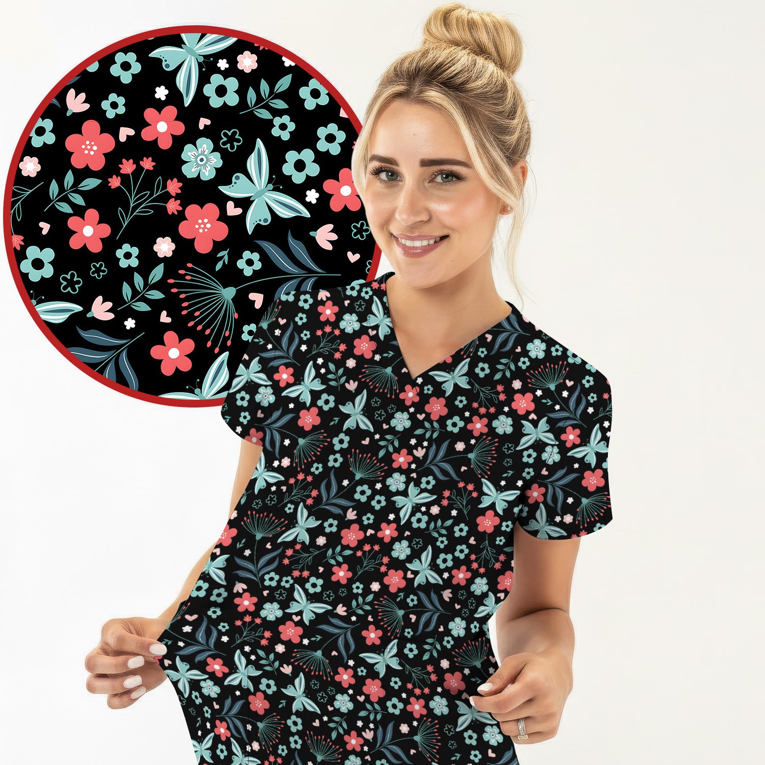 Cute Floral Butterfly Garden Print Scrub Top, Comfortable Scrubs for Nurses