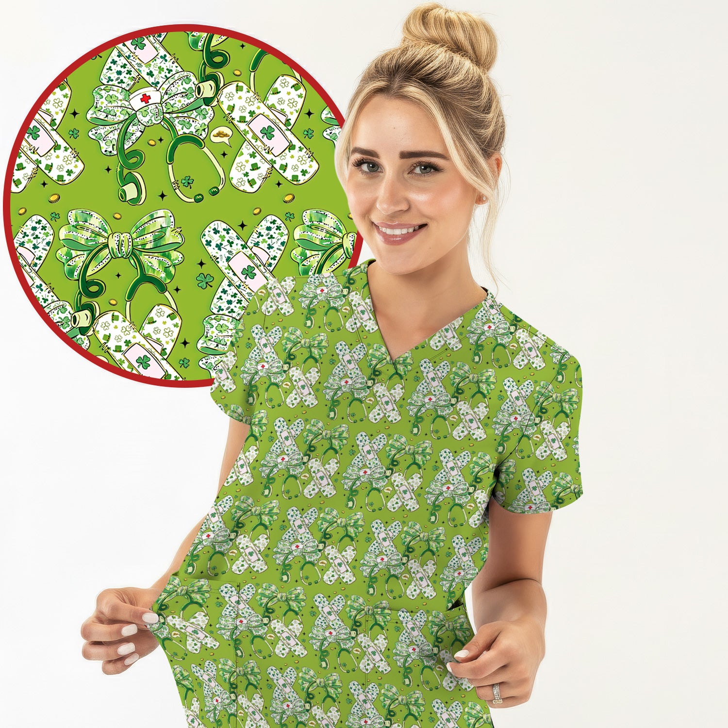 St Patrick Shamrock Stethoscope Bow Print Scrub Set, Breathable Med Uniform