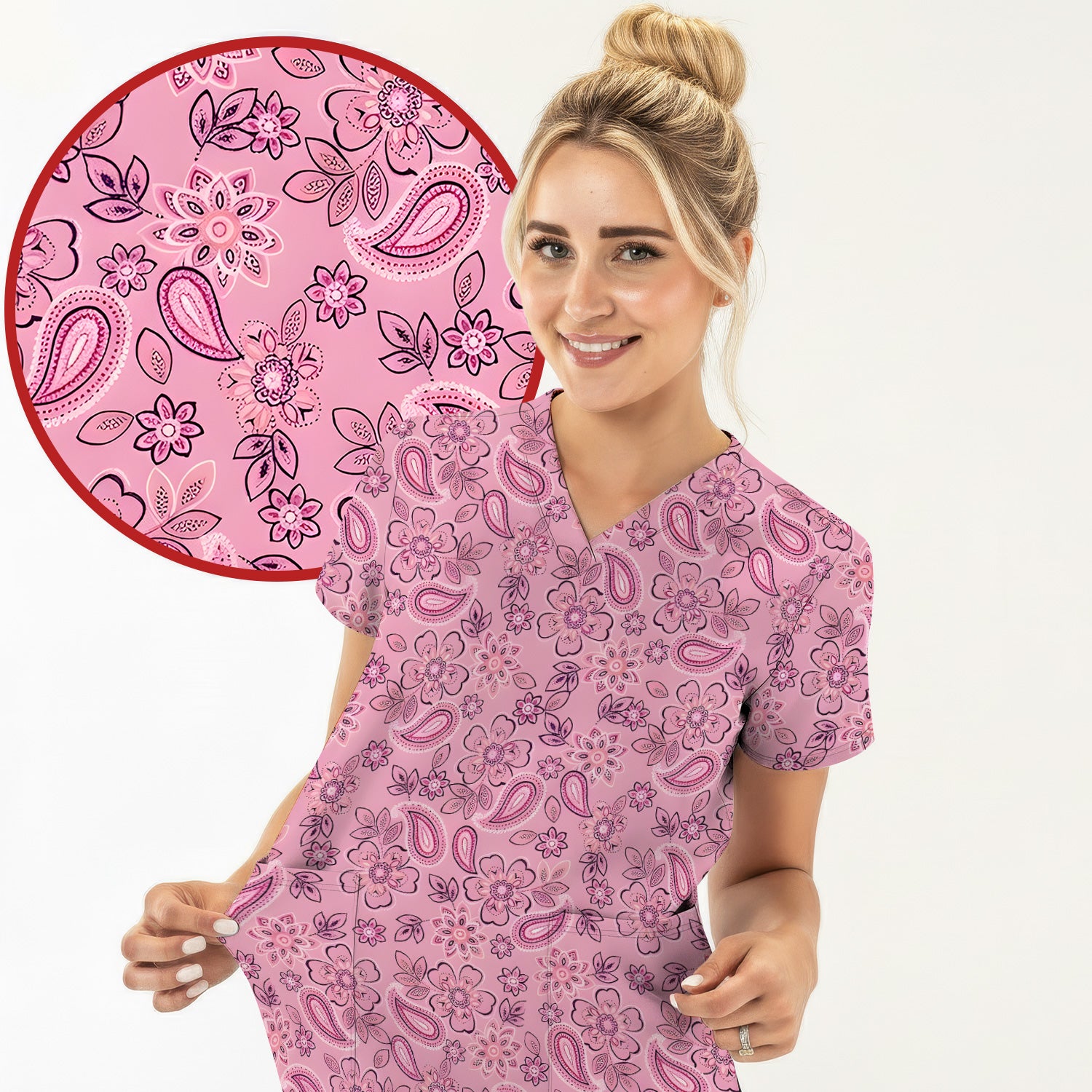 Pink Paisley Floral Nurse Pattern Scrub Top, Comfortable Scrubs for Nurses