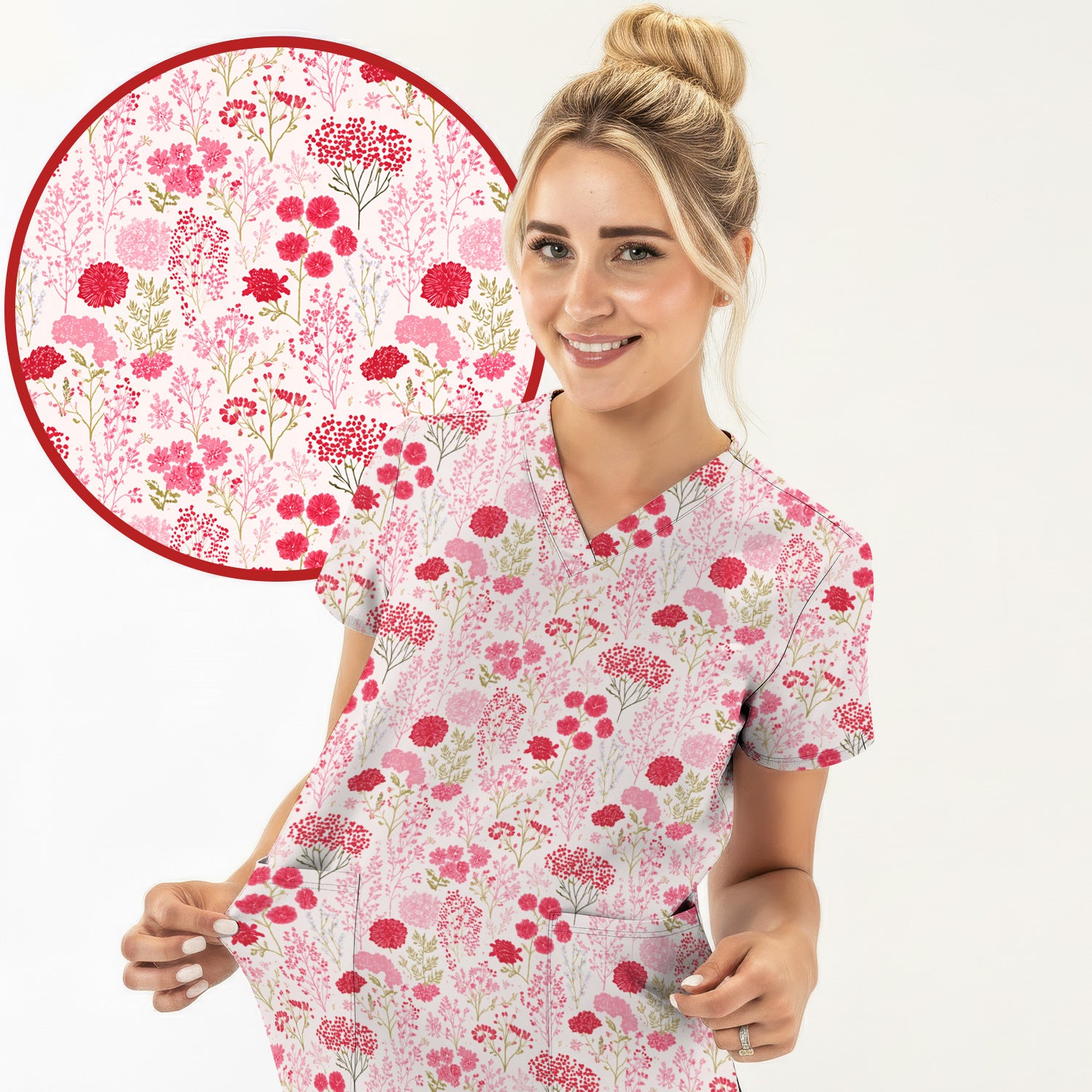 Pink Floral Pattern Allover Print Scrub Top, Breathable Fabrics Nursing Uniform