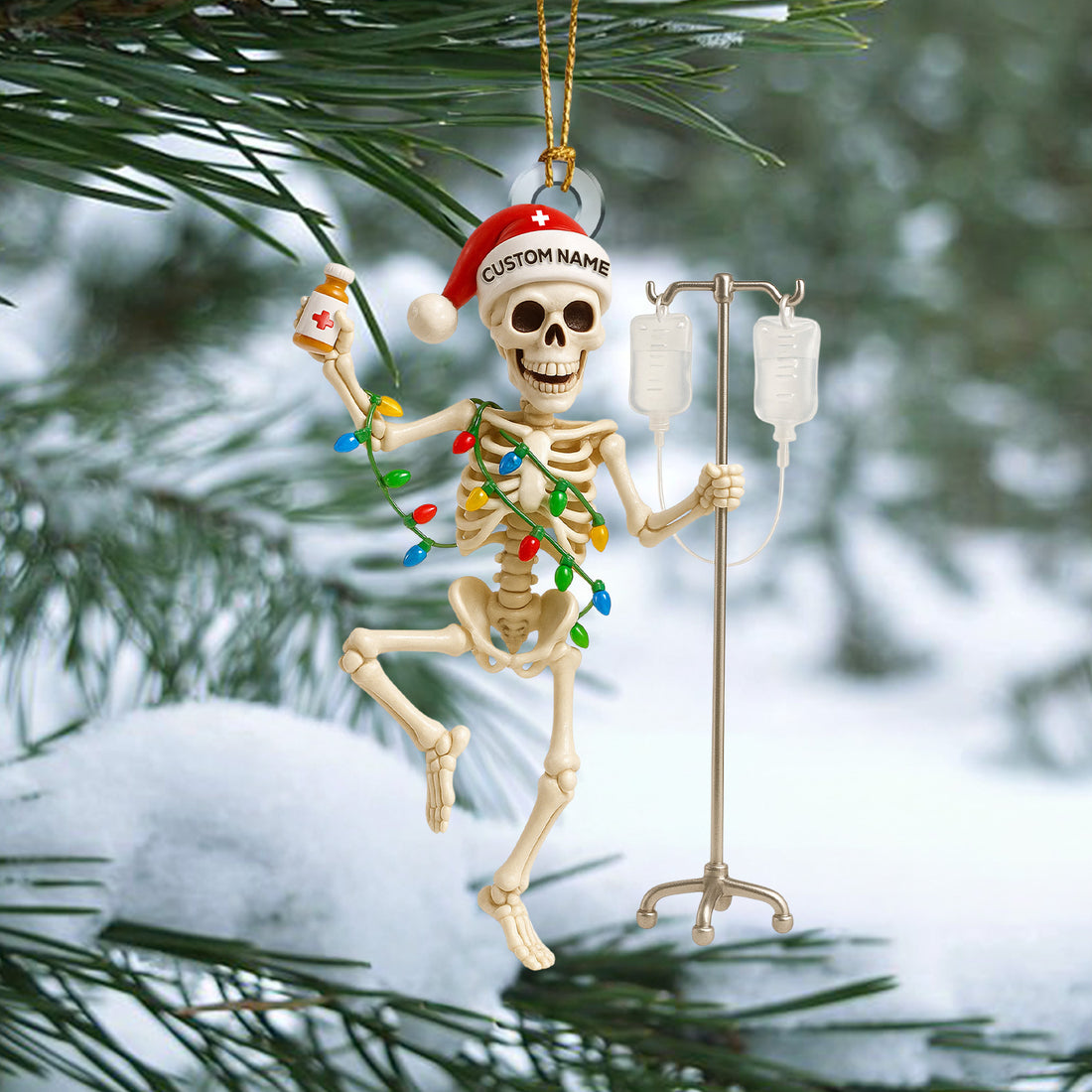 Personalized Skeleton Nurse Christmas Ornament – Funny Medical IV Pole Holiday Decor – Custom Name Dancing Skeleton Tree Ornament for Nurses & Healthcare Workers