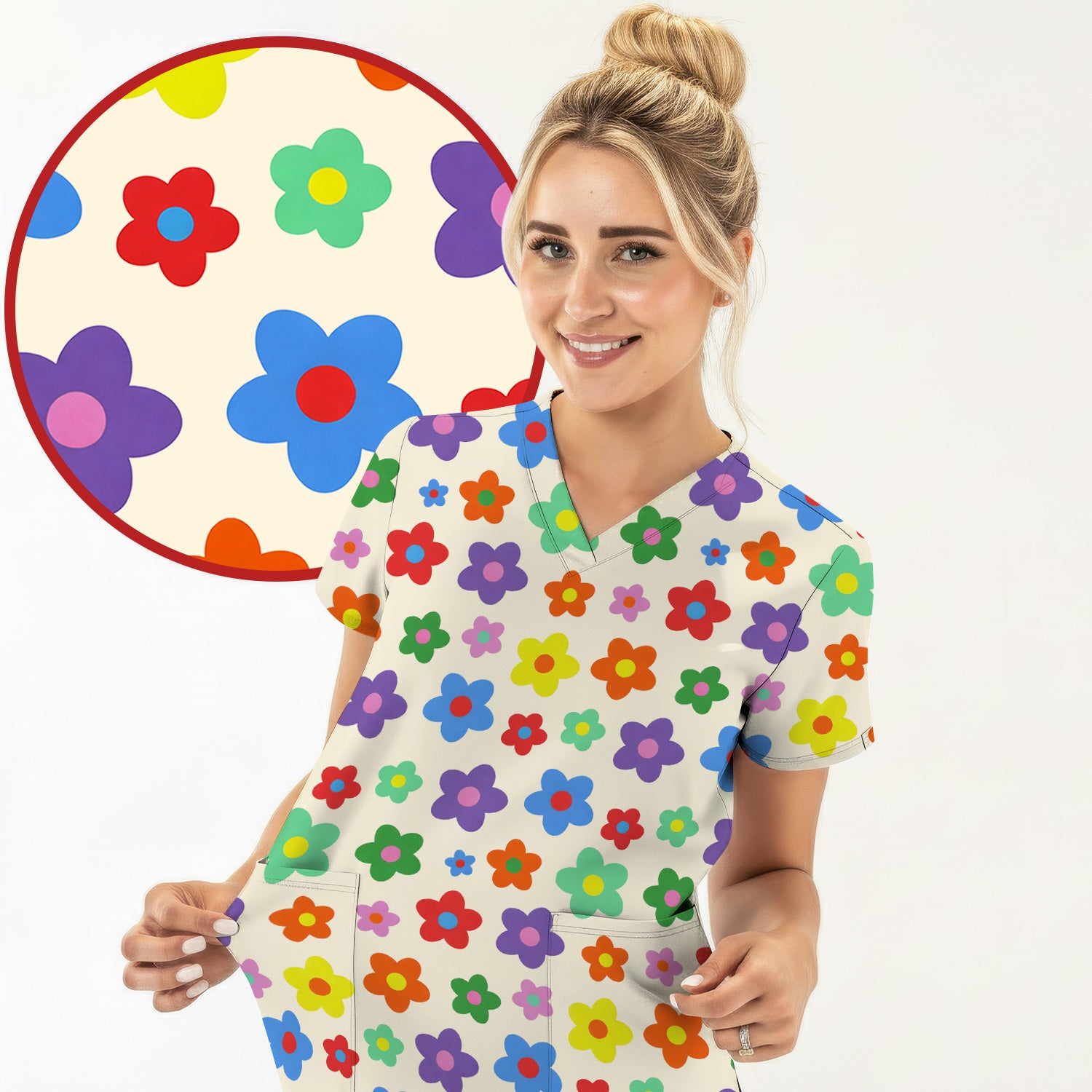 Colorful Retro Flower Pattern Print Scrub Top, Breathable Fabrics Nursing Uniform