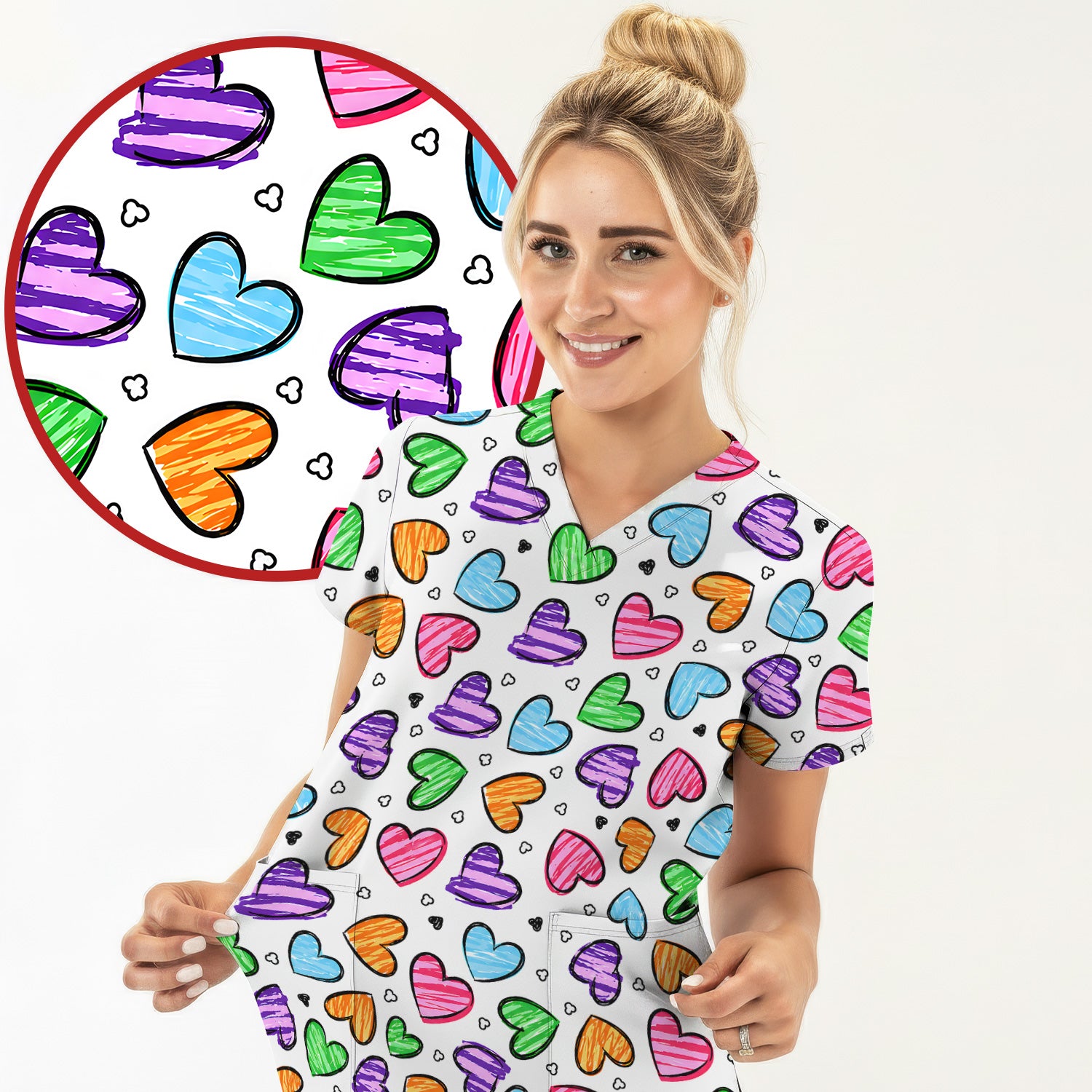 Colorful Doodle Heart Pattern Scrub Top, Comfortable Scrubs for Nurses