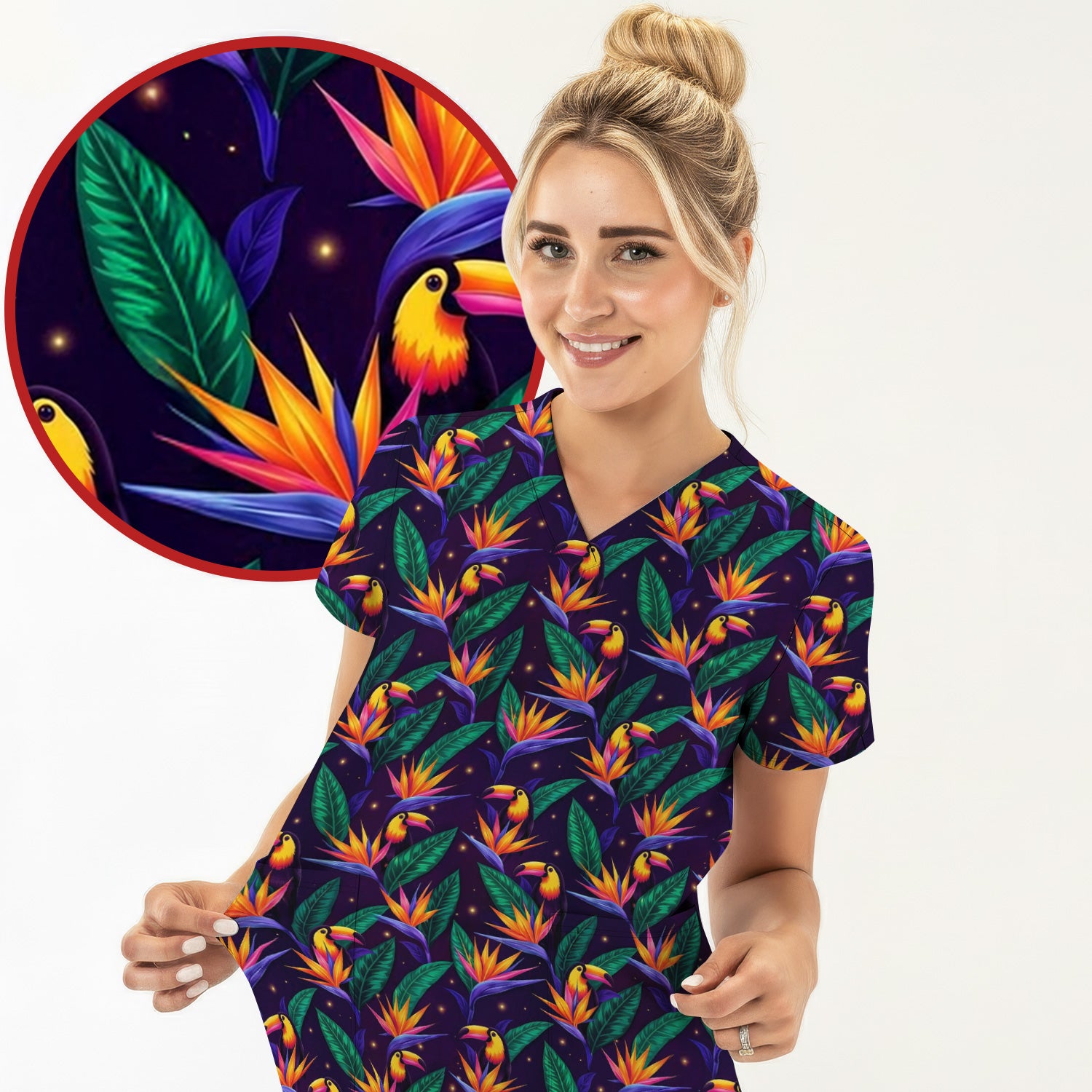 Tropical Toucan Bird Paradise Leaves Pattern Scrub Top, Comfortable Scrubs for Nurses