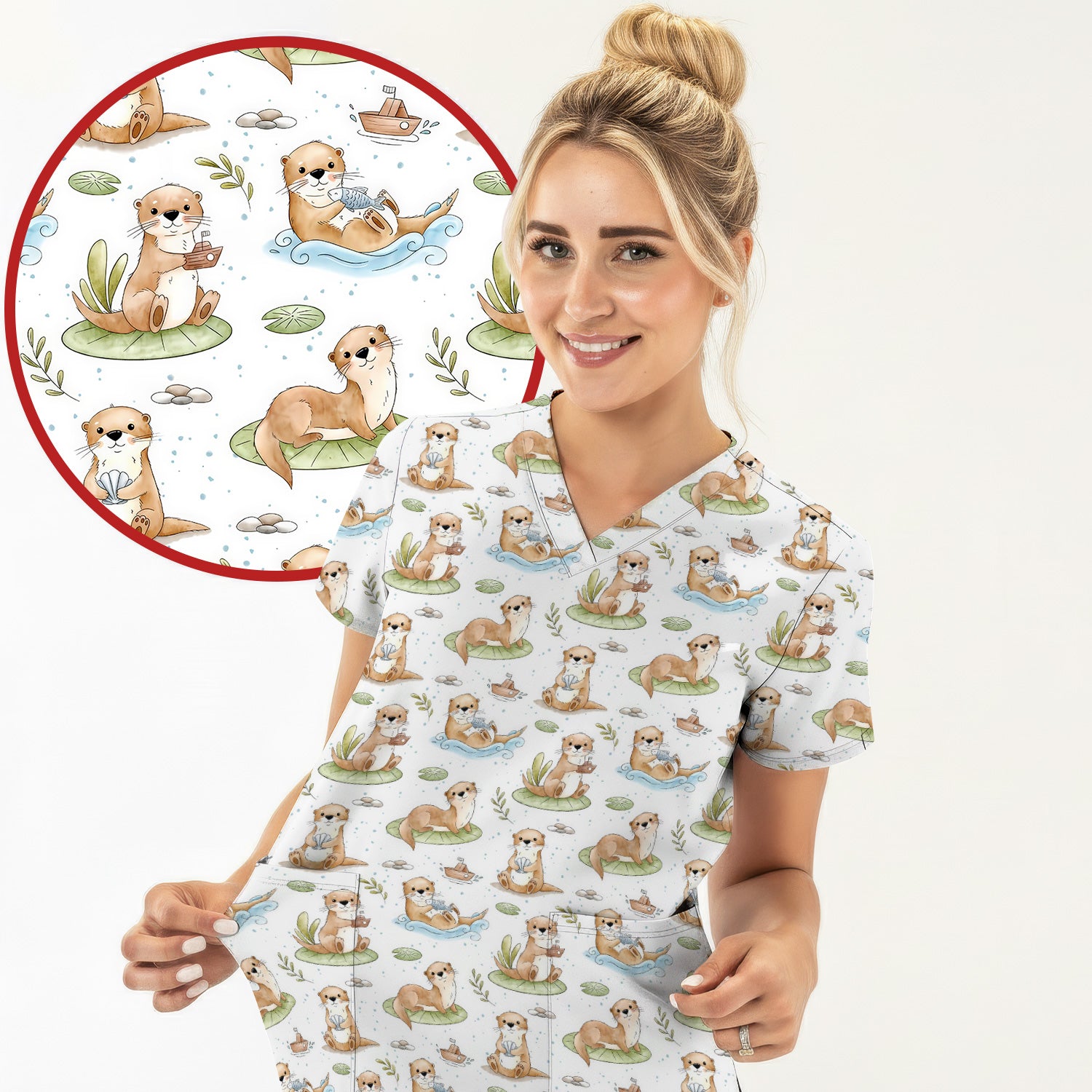 Cute Otter With Lily Pad Pattern Scrub Top, Comfortable Scrubs for Nurses