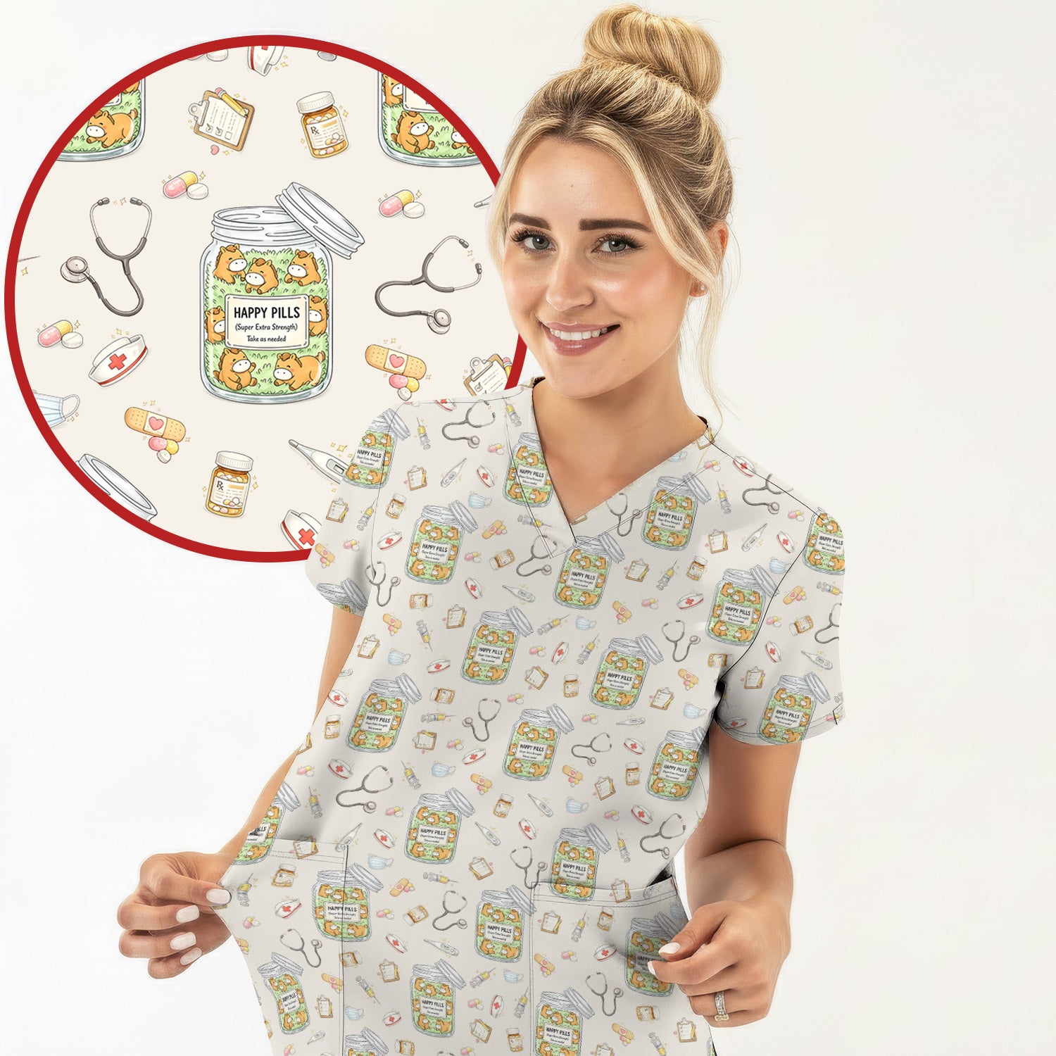 Happy Pills Horse Medical Print Nurse Scrub Top, Comfortable Scrubs for Nurses