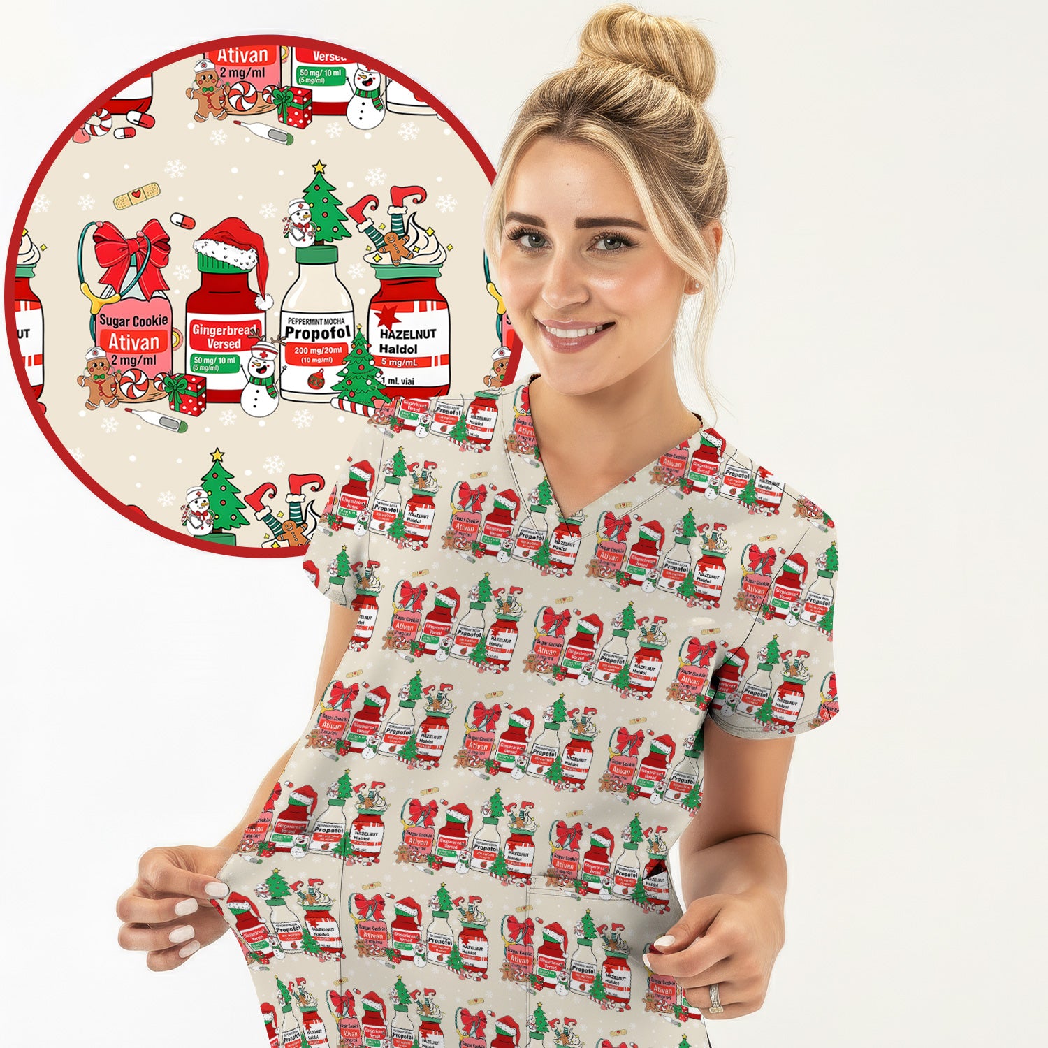 Funny Christmas Medication Scrub Top – Festive Holiday Pharma Bottles Pattern – Playful Medical Uniform for Nurses, Pharmacists & Healthcare Workers