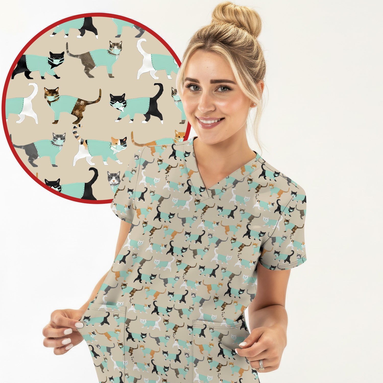 Playful Cat Nurse All Over Print Scrub Set, Scrub Pants and V Neck Top
