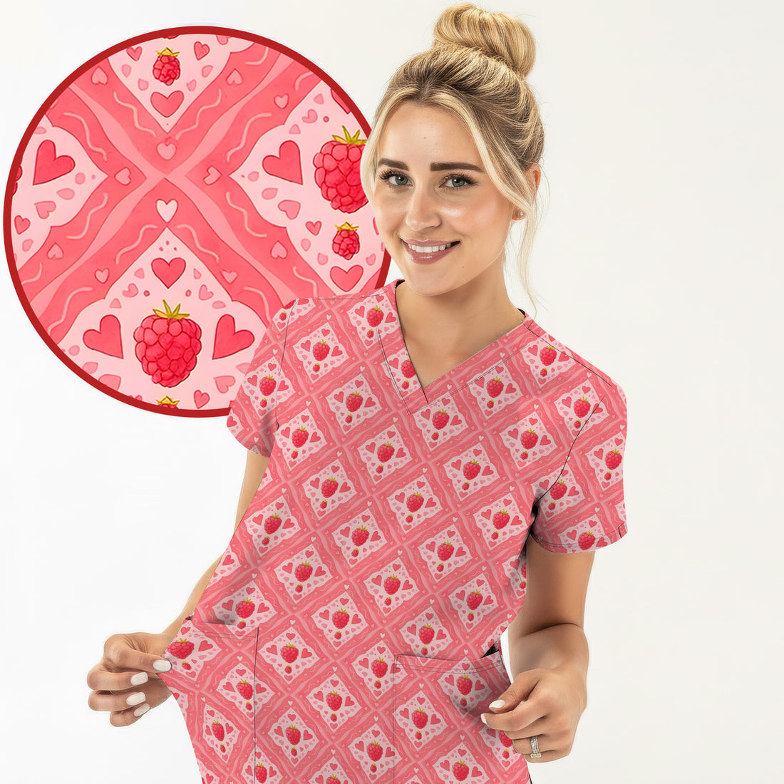 Cute Raspberry Heart Diamond Pattern Scrub Top, Comfortable Scrubs for Nurses