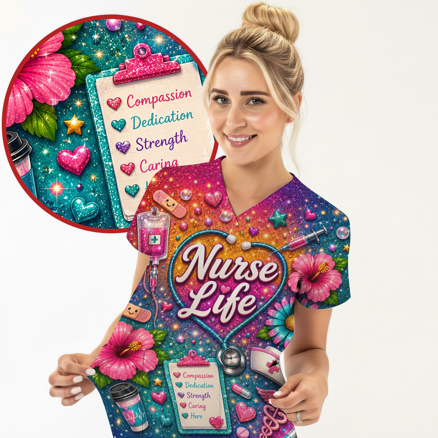 Colorful Nurse Life Heart Pattern Scrub Top, Comfortable Scrubs for Nurses