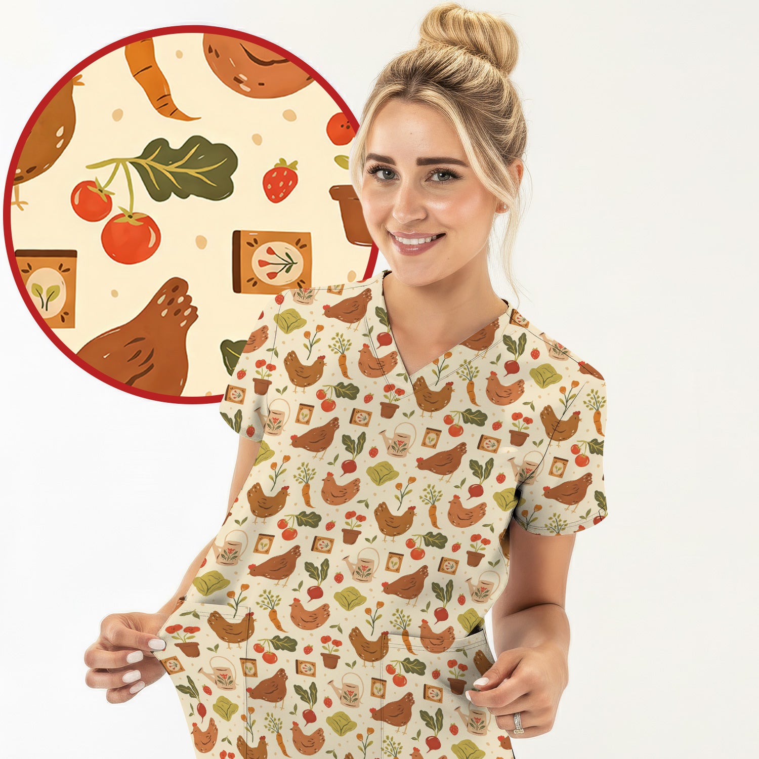 Rustic Farm Chicken Garden Vegetable Pattern Scrub Top, Comfortable Scrubs for Nurses
