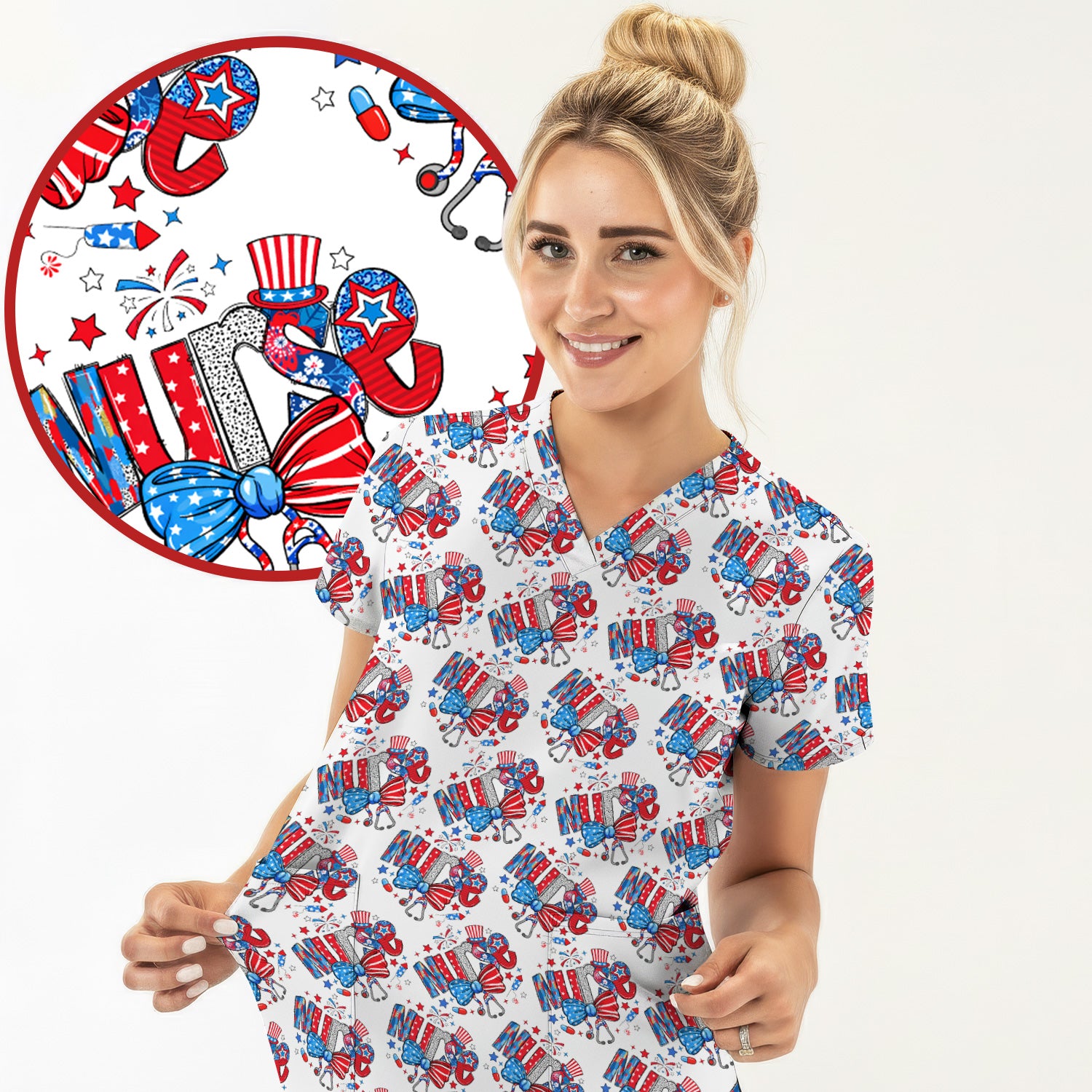 USA Nurse Stethoscope Patriotic Bow Hat Pattern Scrubs Top, Comfortable Scrubs for Nurses