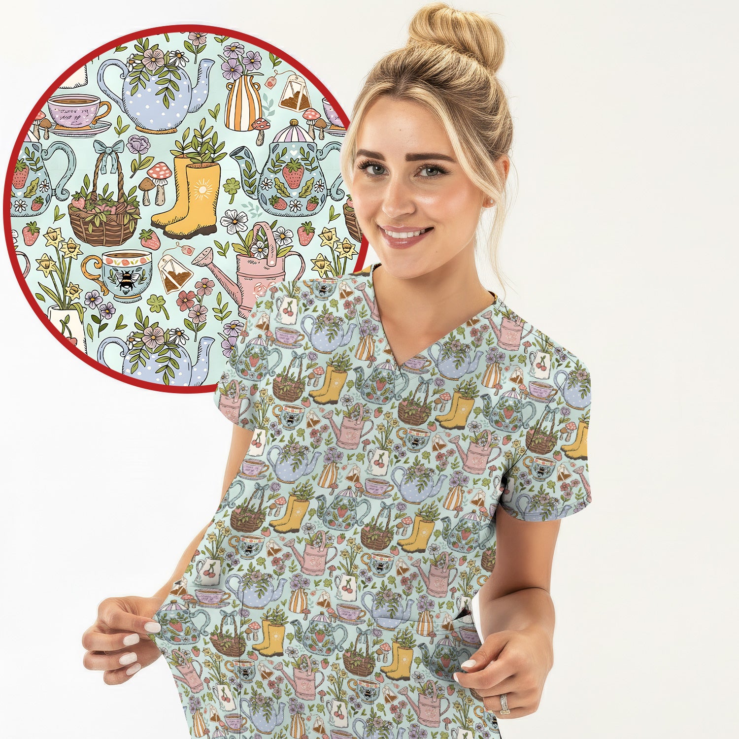 Garden Tea Party Floral Print Scrub Top, Comfortable Scrubs for Nurses