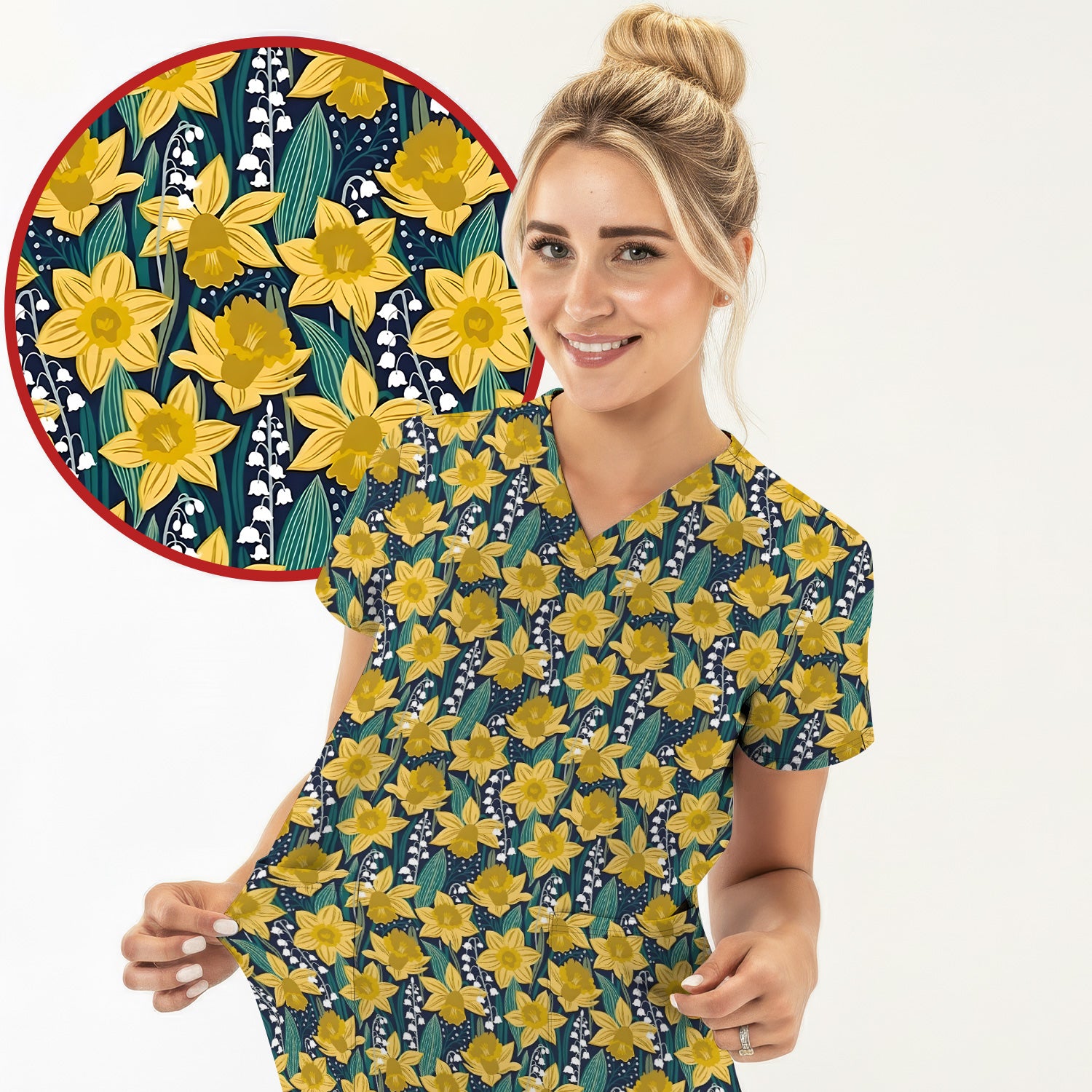Yellow Daffodil Lily Valley Pattern Scrub Top, Comfortable Scrubs for Nurses