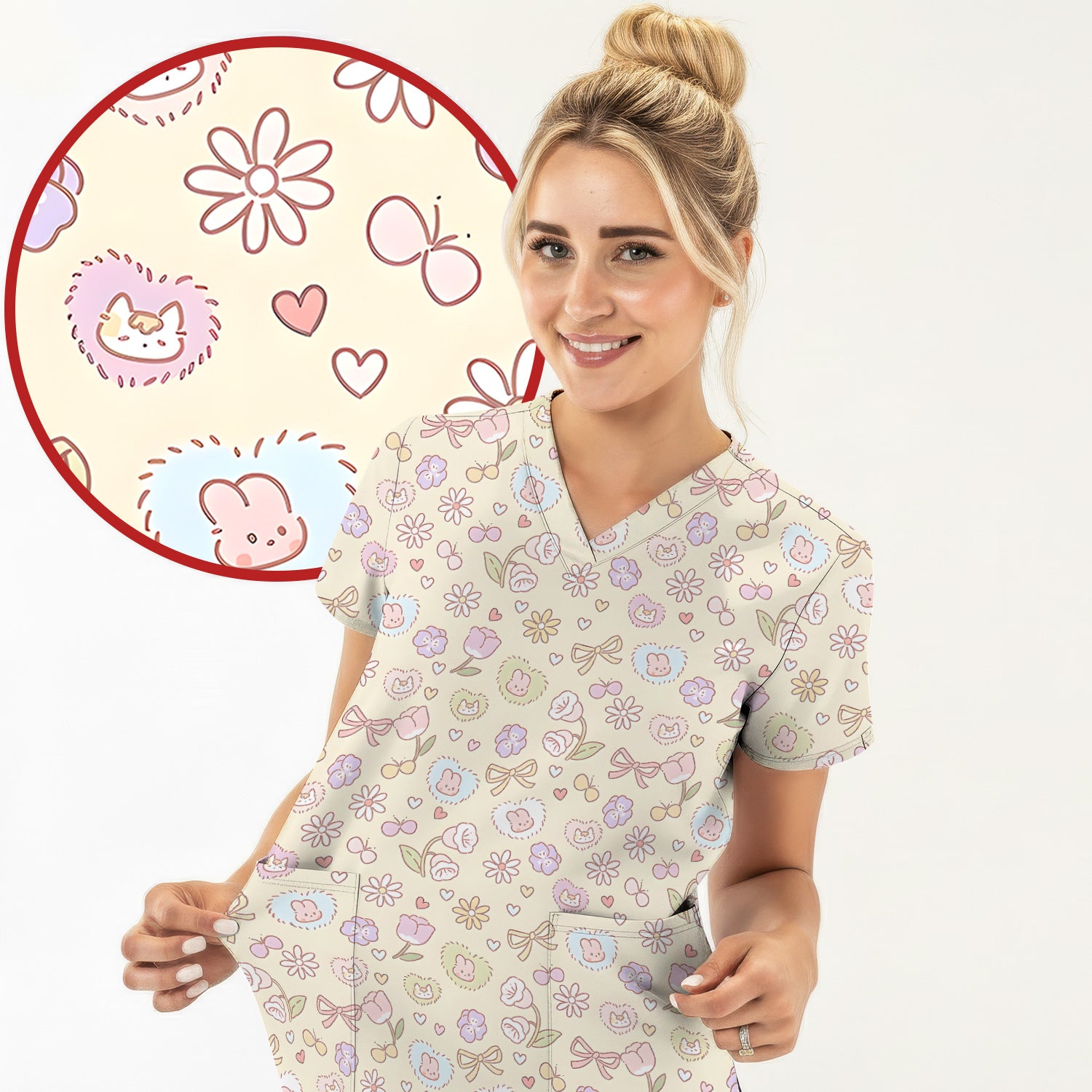 Pastel Bunny Flower Heart Pattern Nurse Scrub Top, Comfortable Scrubs for Nurses