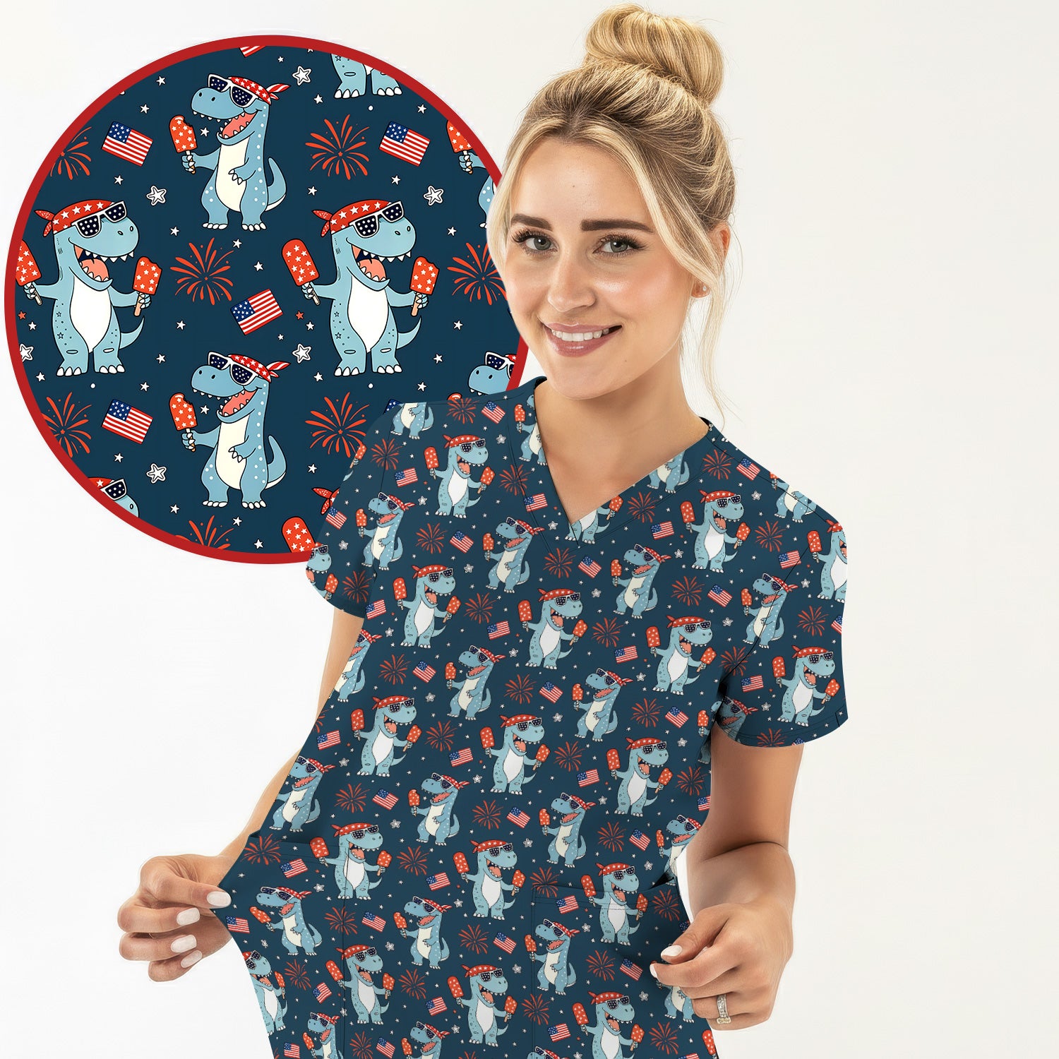 Dinosaur With Flag American Pattern Scrub Top, Comfortable Scrubs for Nurses