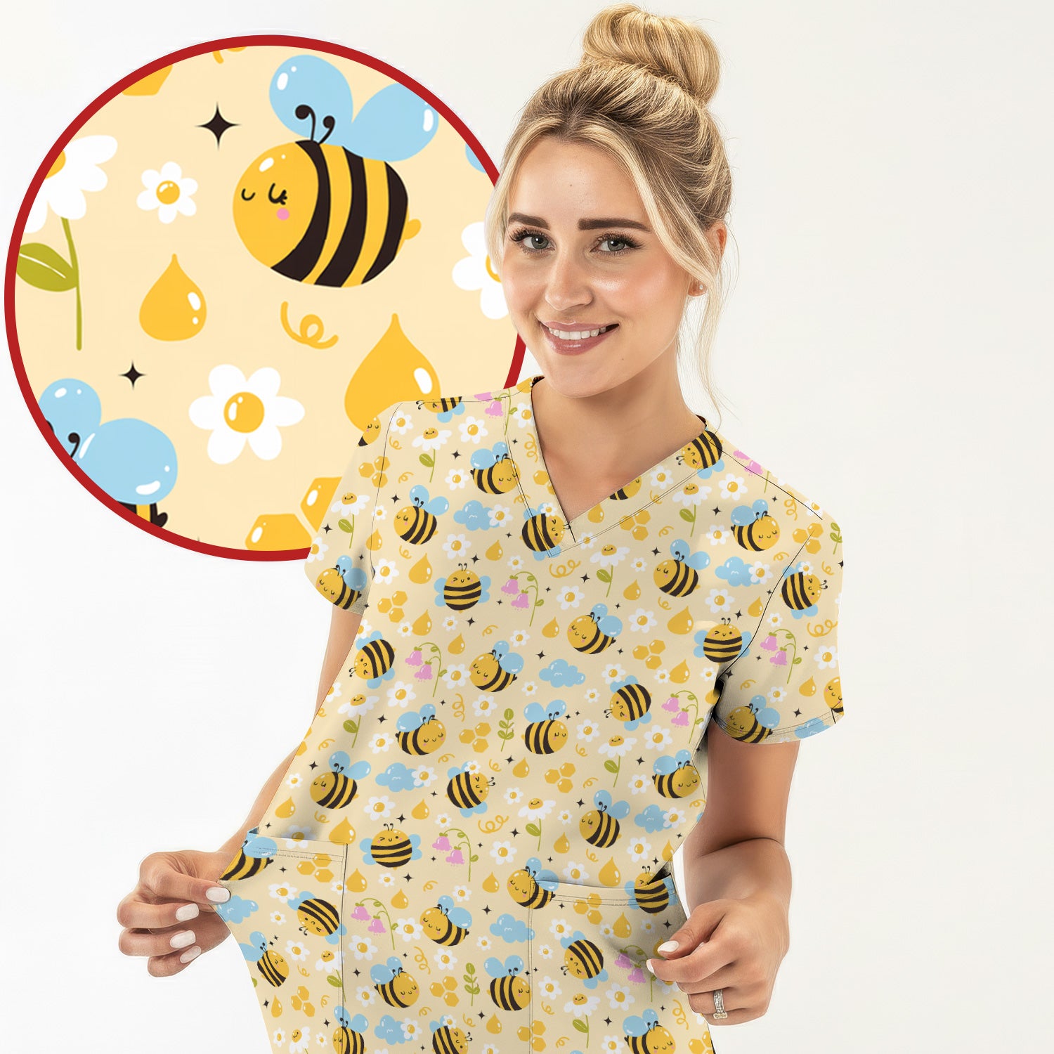 Honey Bee Flower Cloud Pattern Scrub Top, Breathable Fabrics Nursing Uniform