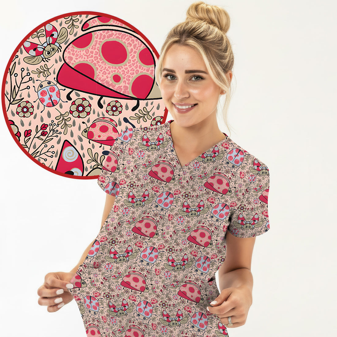 Cute Ladybug Rain Garden Pattern Scrub Top, Breathable Fabrics Nursing Uniform