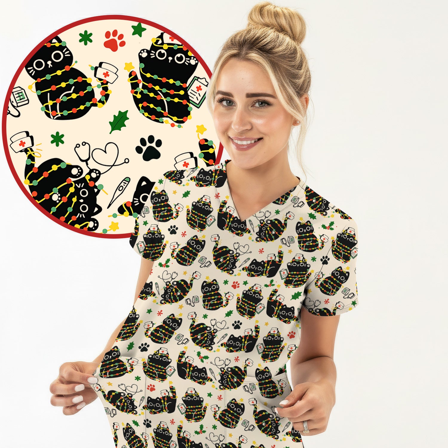 Black Cat Christmas Scrub Top – Nurse & Holiday Lights Pattern Shirt – Cute Medical Uniform For Nursing