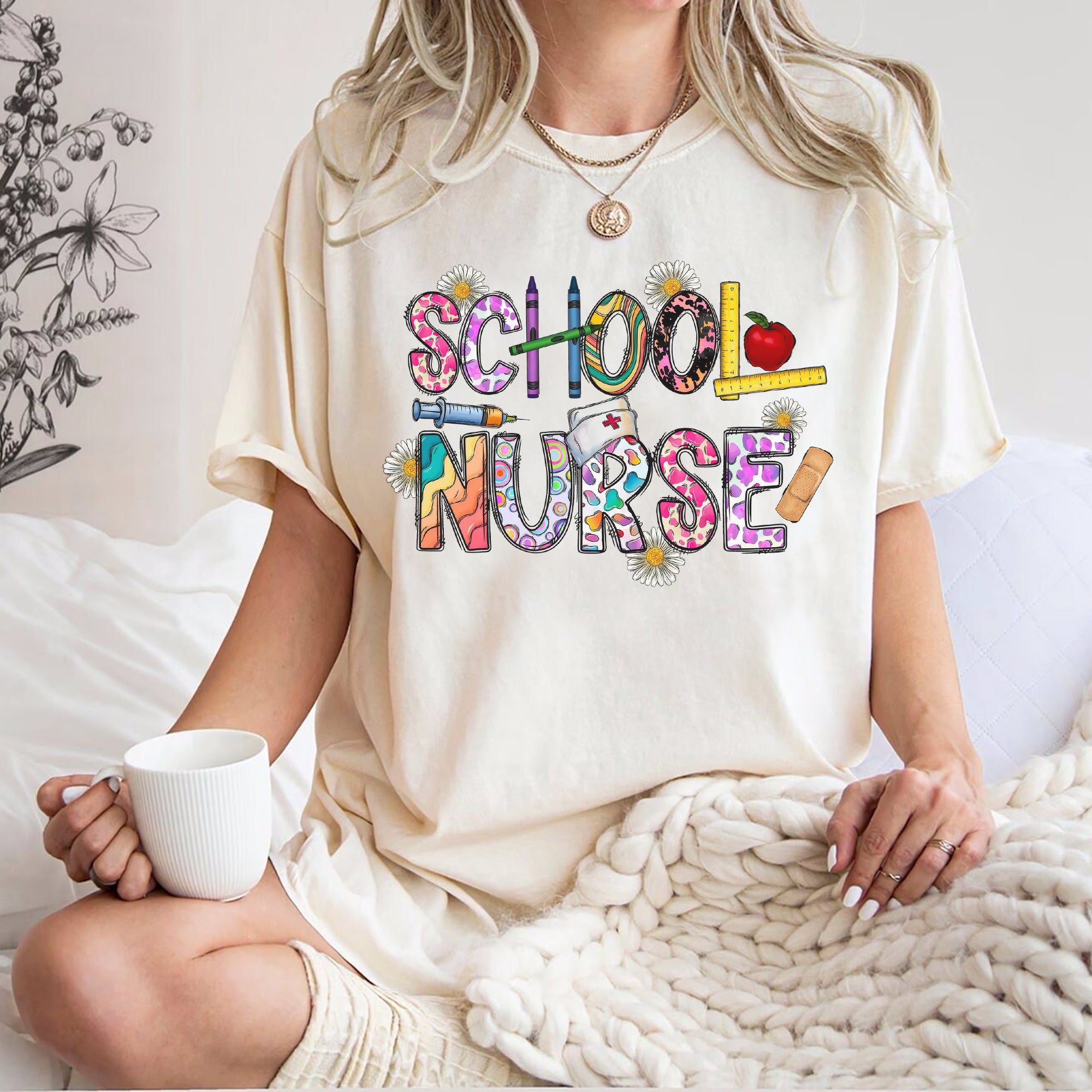 Cute School Nurse T-Shirt for Women – Colorful Letter Design with Crayons & Bandages – Fun Nurse Gift for Back to School