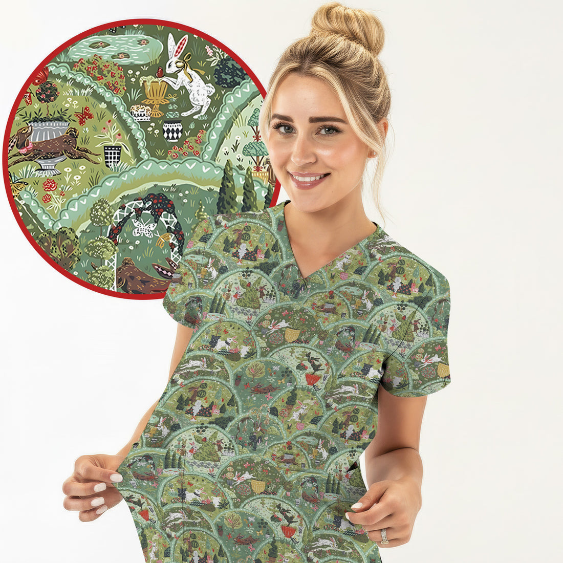 Whimsical Garden Scene Scrub Top for Women, Vintage Pastoral Nursing Uniform