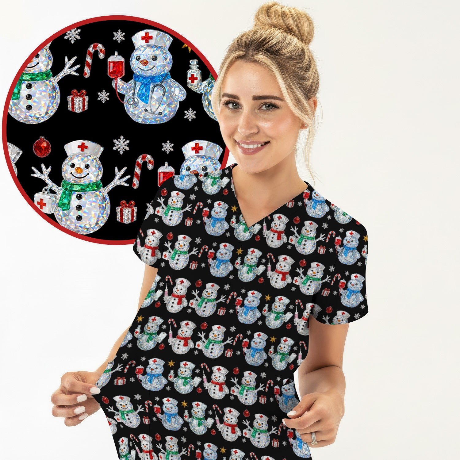 Nurse Snowman Christmas Scrub Top, Cute Holiday Medical Pattern Shirt For Women, Winter Snowflake Nursing Uniform