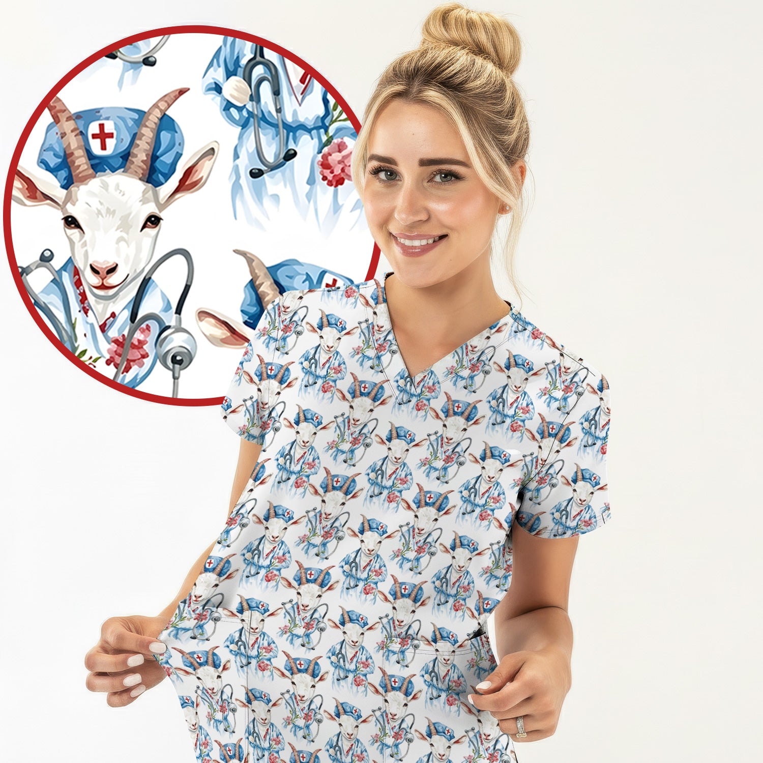 Cute Goat Animal Lover Pattern Scrub Top, Comfortable Scrubs for Nurses