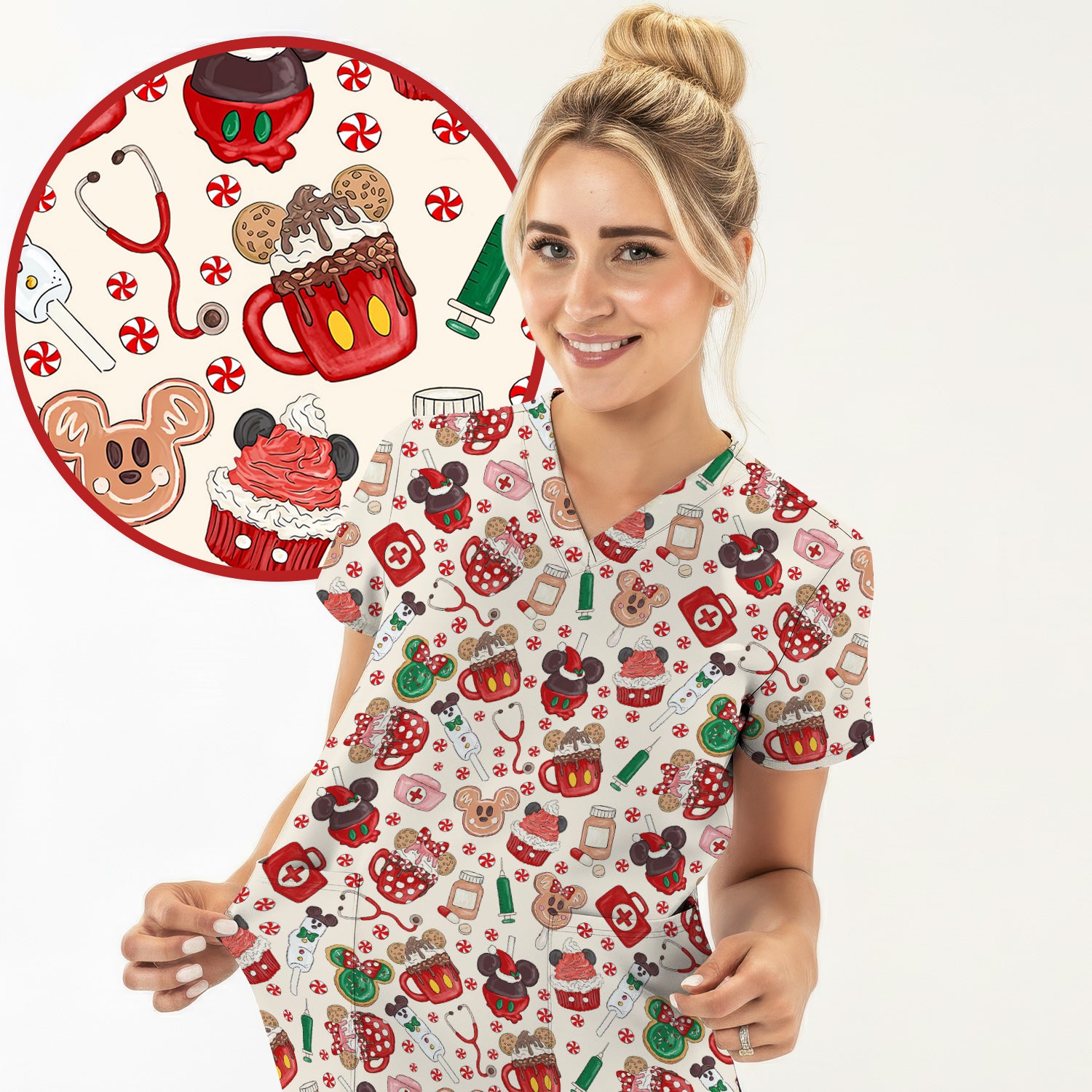Christmas Scrub Top for Nurses - Cute Gingerbread Cupcake Candy Medical Shirt - Xmas Holiday Uniform for Women RN CNA LPN