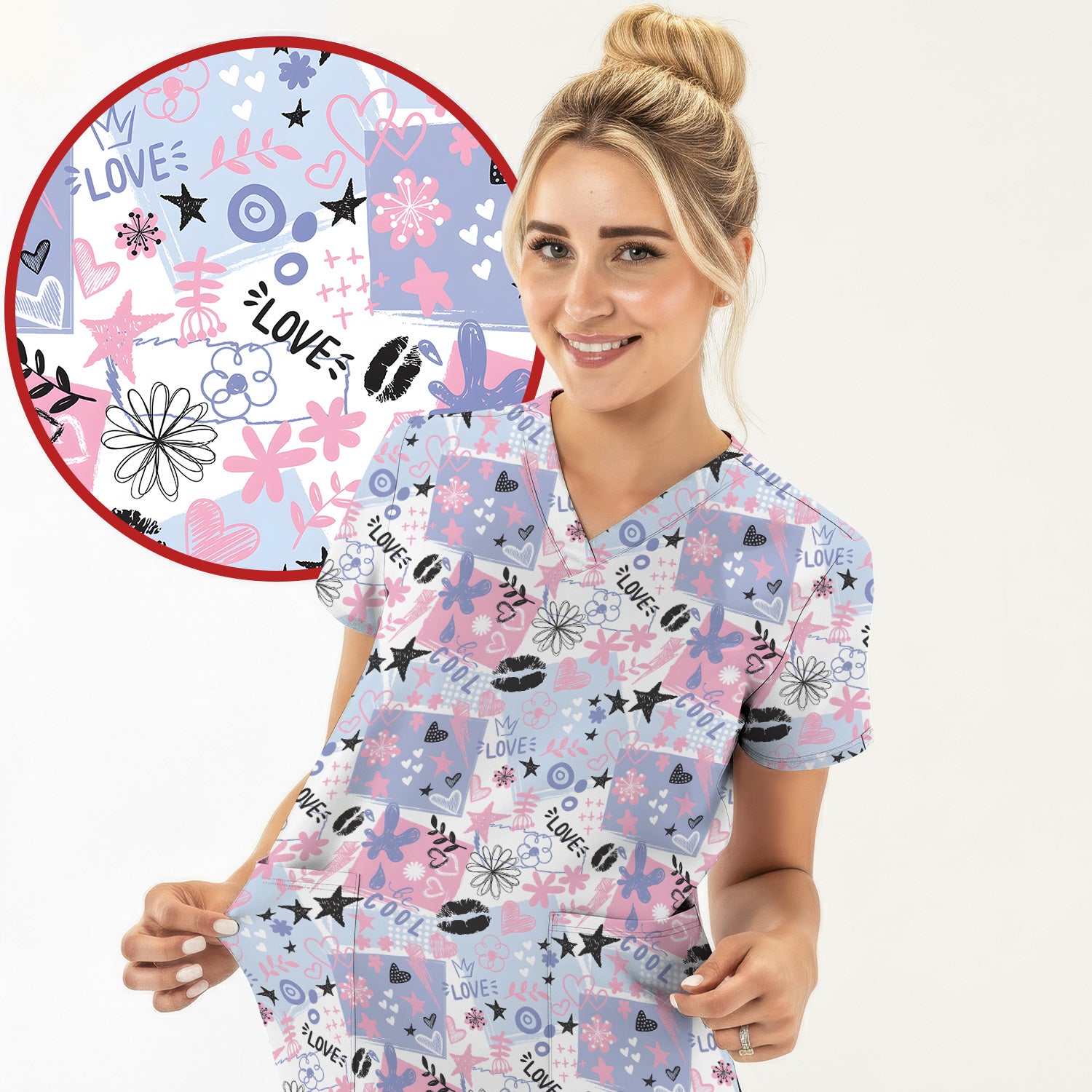 Cute Love Hearts Doodle Print Scrub Top, Comfortable Scrubs for Nurses