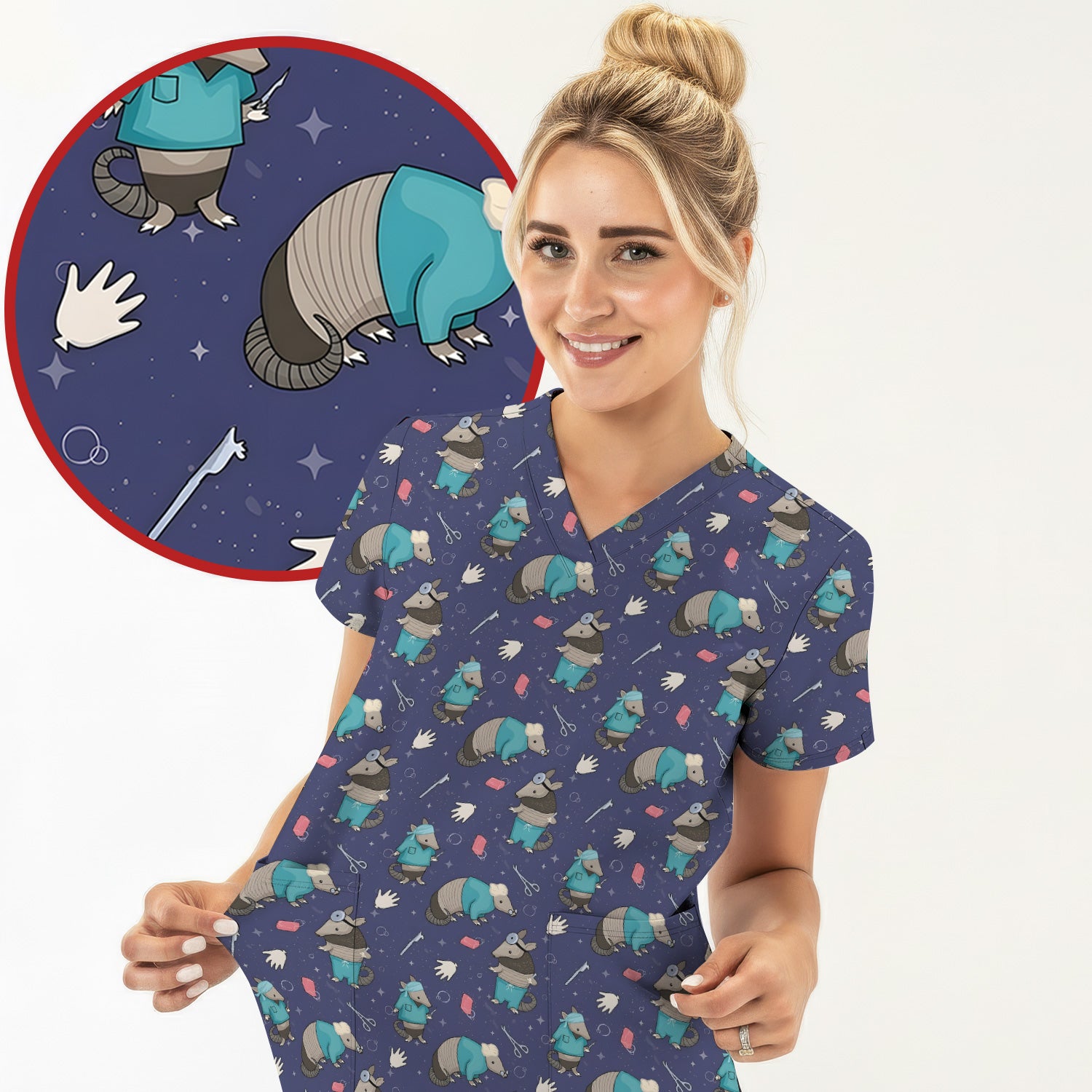 Armadillo Doctor Medical Tools Pattern Scrub Top, Comfortable Scrubs for Nurses